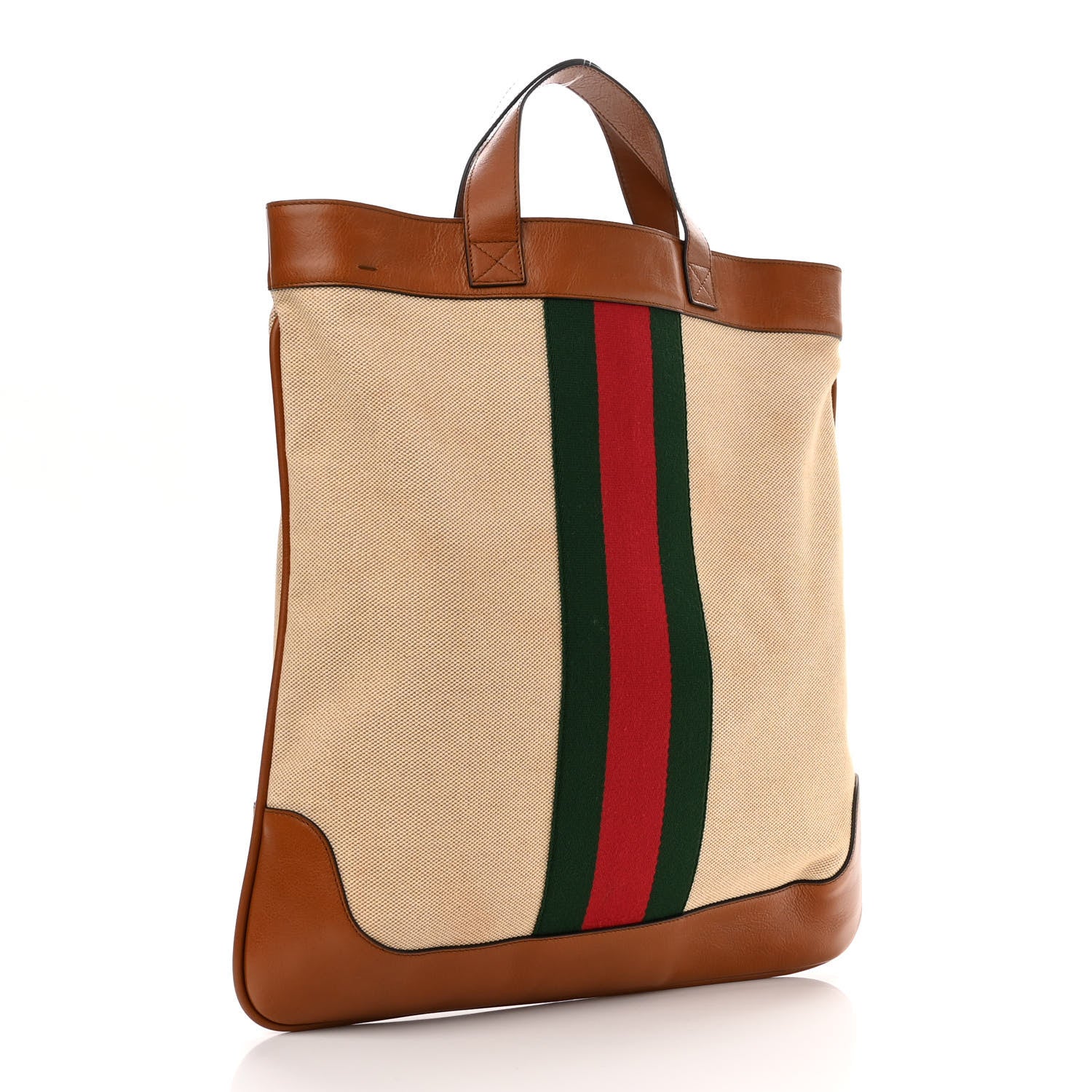 Gucci Vintage Canvas Calfskin Web Flat Tote Sand Light Cuir 3 of 10