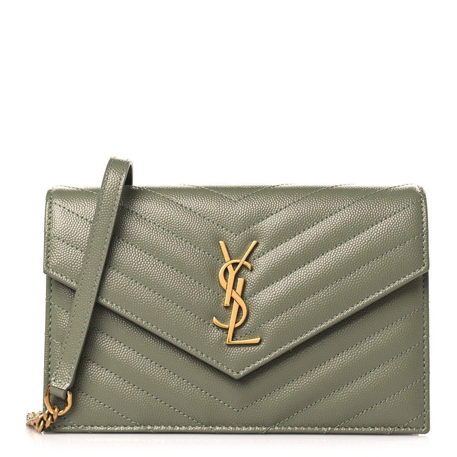 Saint Laurent Grain De Poudre Matelasse Chevron Monogram Envelope Chain Wallet Pistache 1 of 9