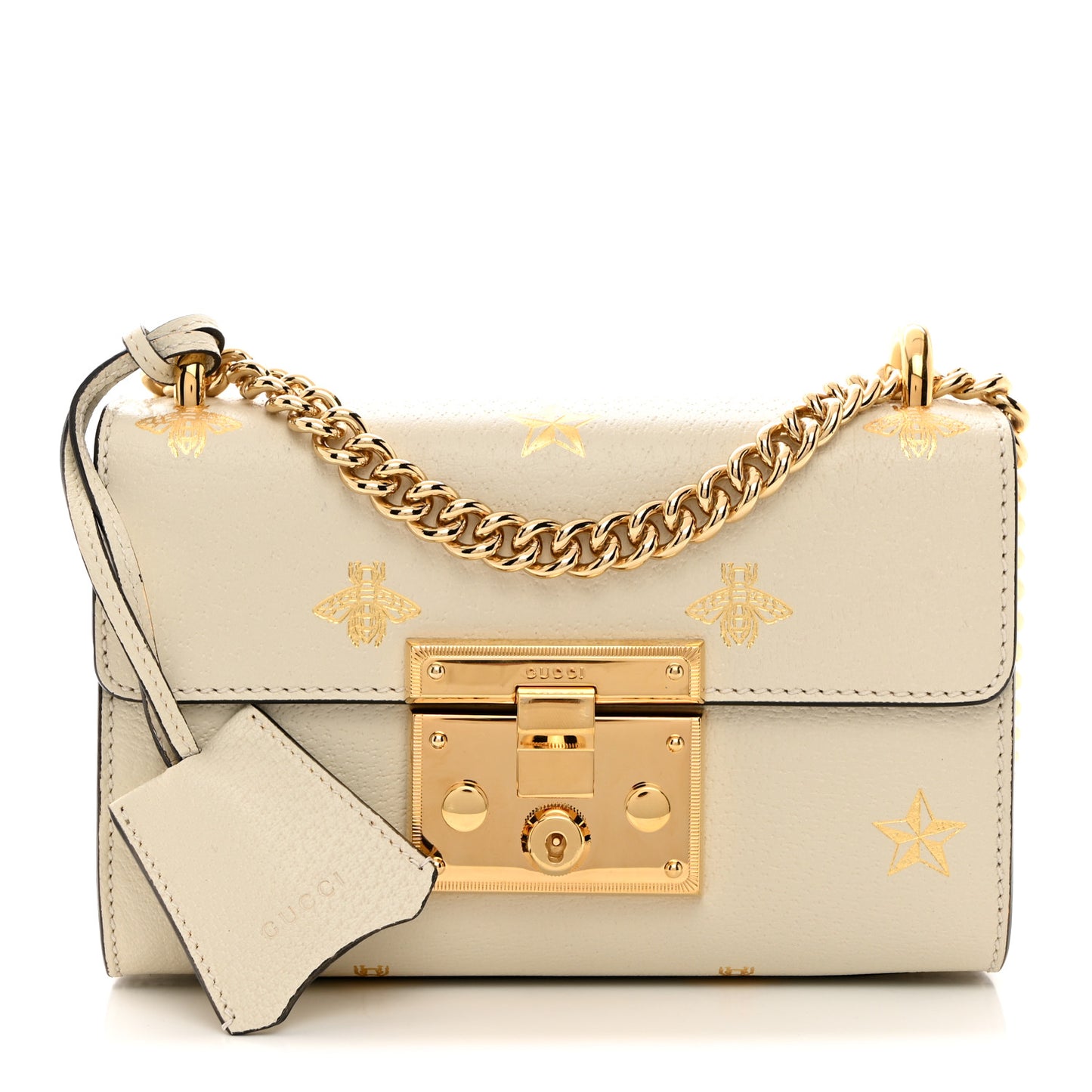 Grained Calfskin Bee Star Small Padlock Shoulder Bag White