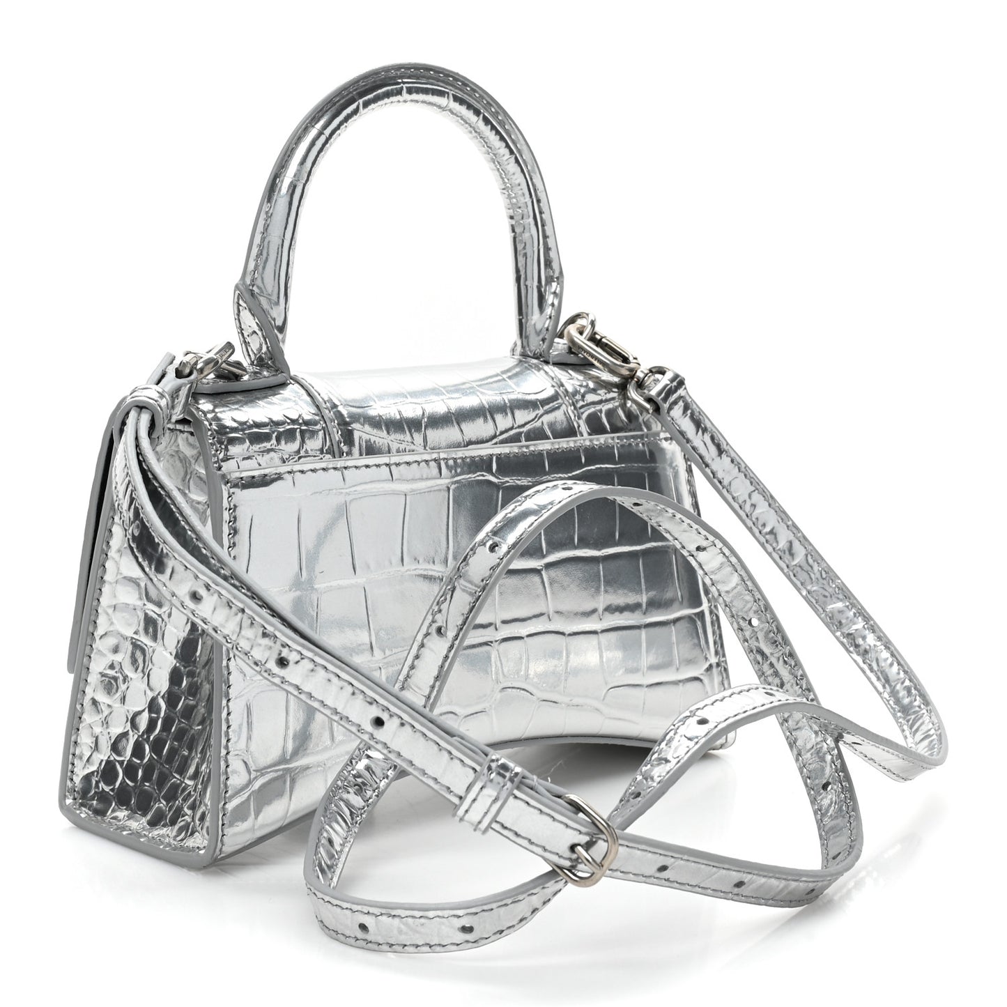 Metallic Calfskin Crocodile Embossed Crystal Hourglass Top Handle Bag XS Silver