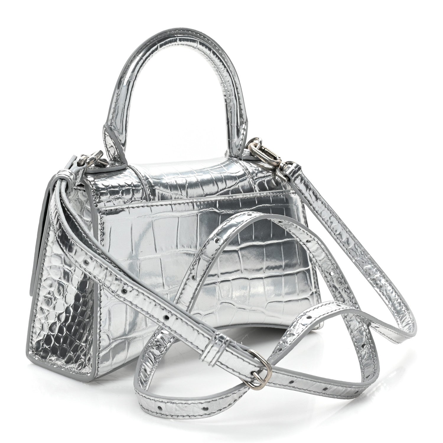 Balenciaga Metallic Calfskin Crocodile Embossed Crystal Hourglass Top Handle Bag XS Silver 3 of 16