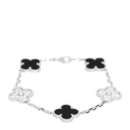 Van Cleef & Arpels 18K White Gold Diamond Black Onyx 5 Motifs Vintage Alhambra Bracelet 1 of 5