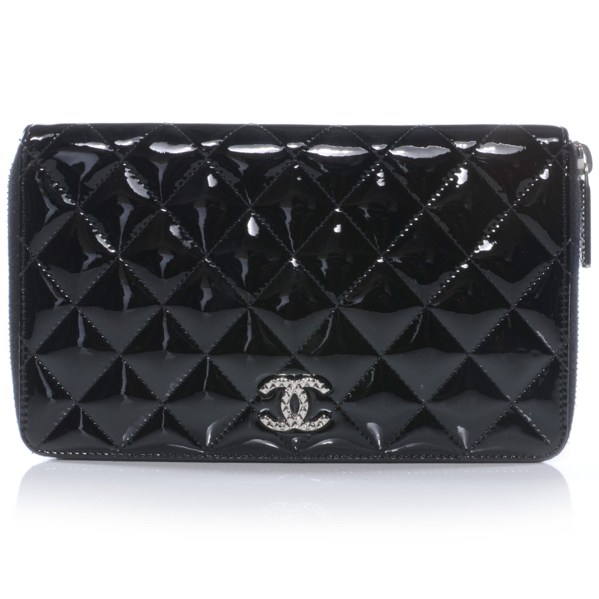 Chanel Patent Quilted Large Zip Around Wallet Black 1 of 12