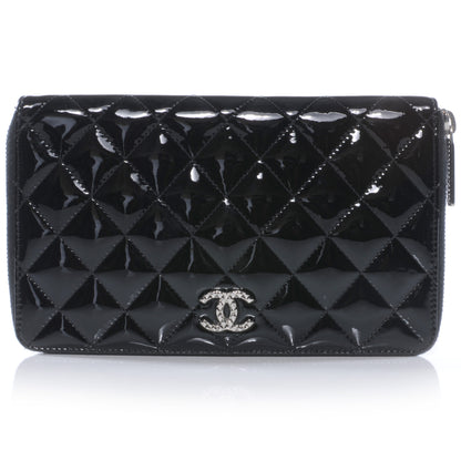 Chanel Patent Quilted Large Zip Around Wallet Black 1 of 12