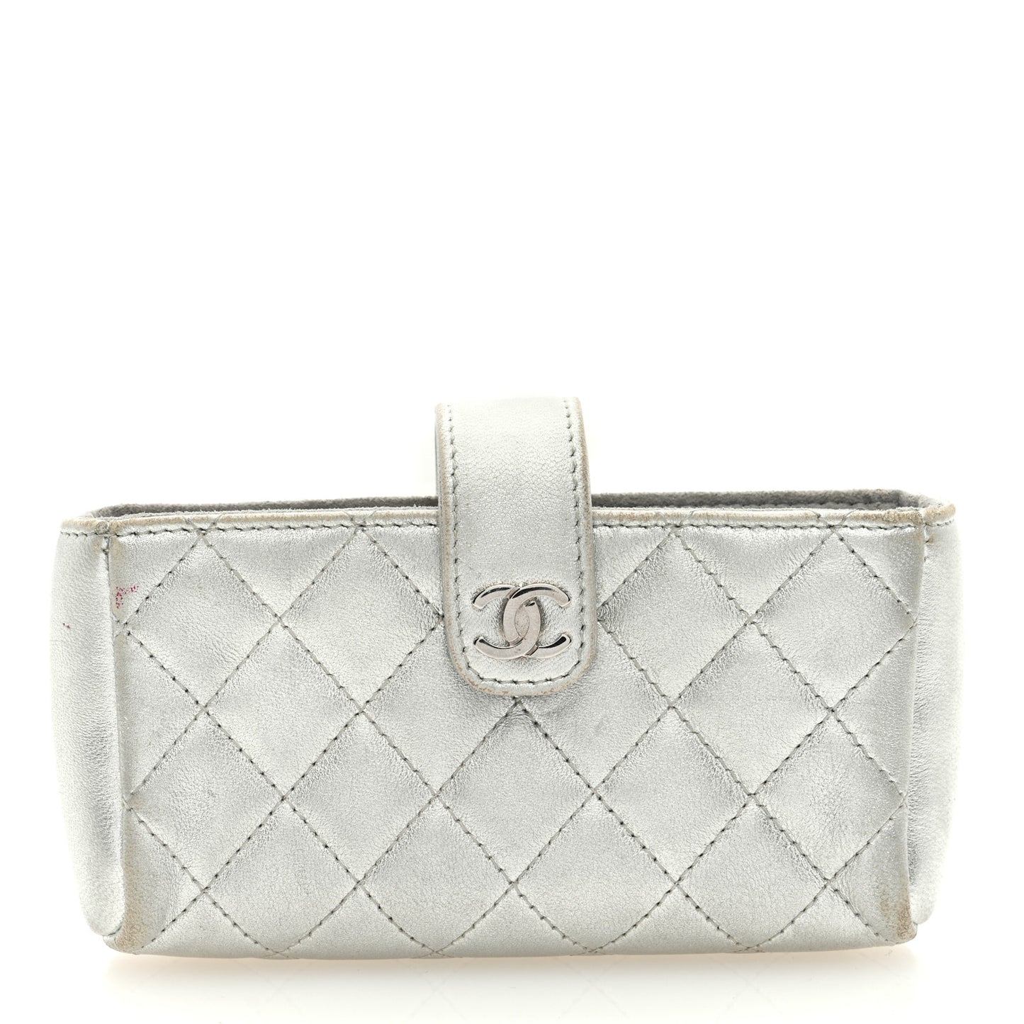 Metallic Lambskin Quilted Mini Phone Holder Clutch Silver