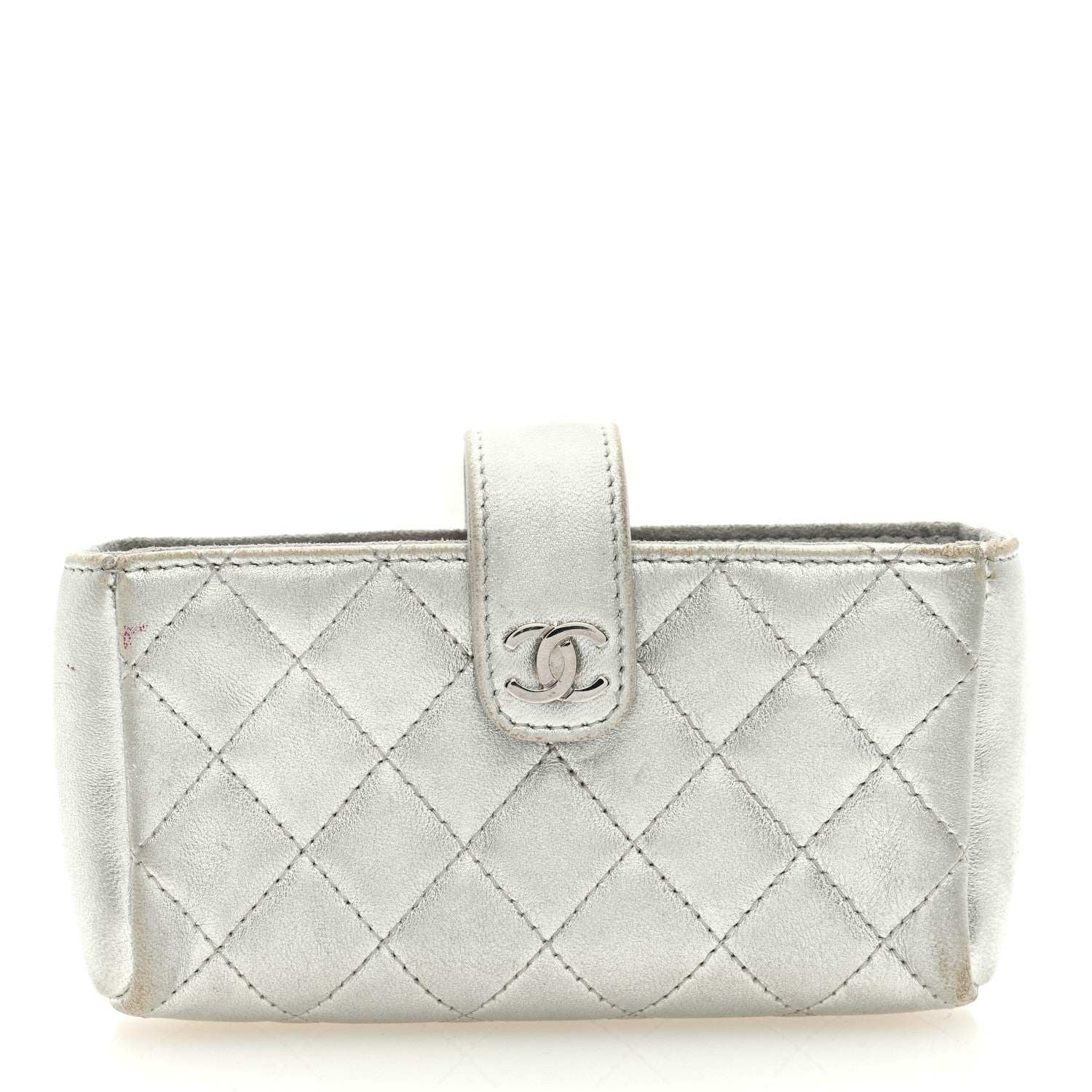Chanel Metallic Lambskin Quilted Mini Phone Holder Clutch Silver 1 of 8
