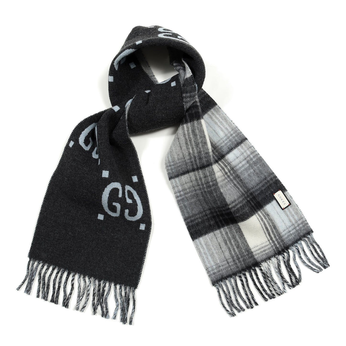 Wool GG Monogram Plaid Tartan Free Scarf Grey