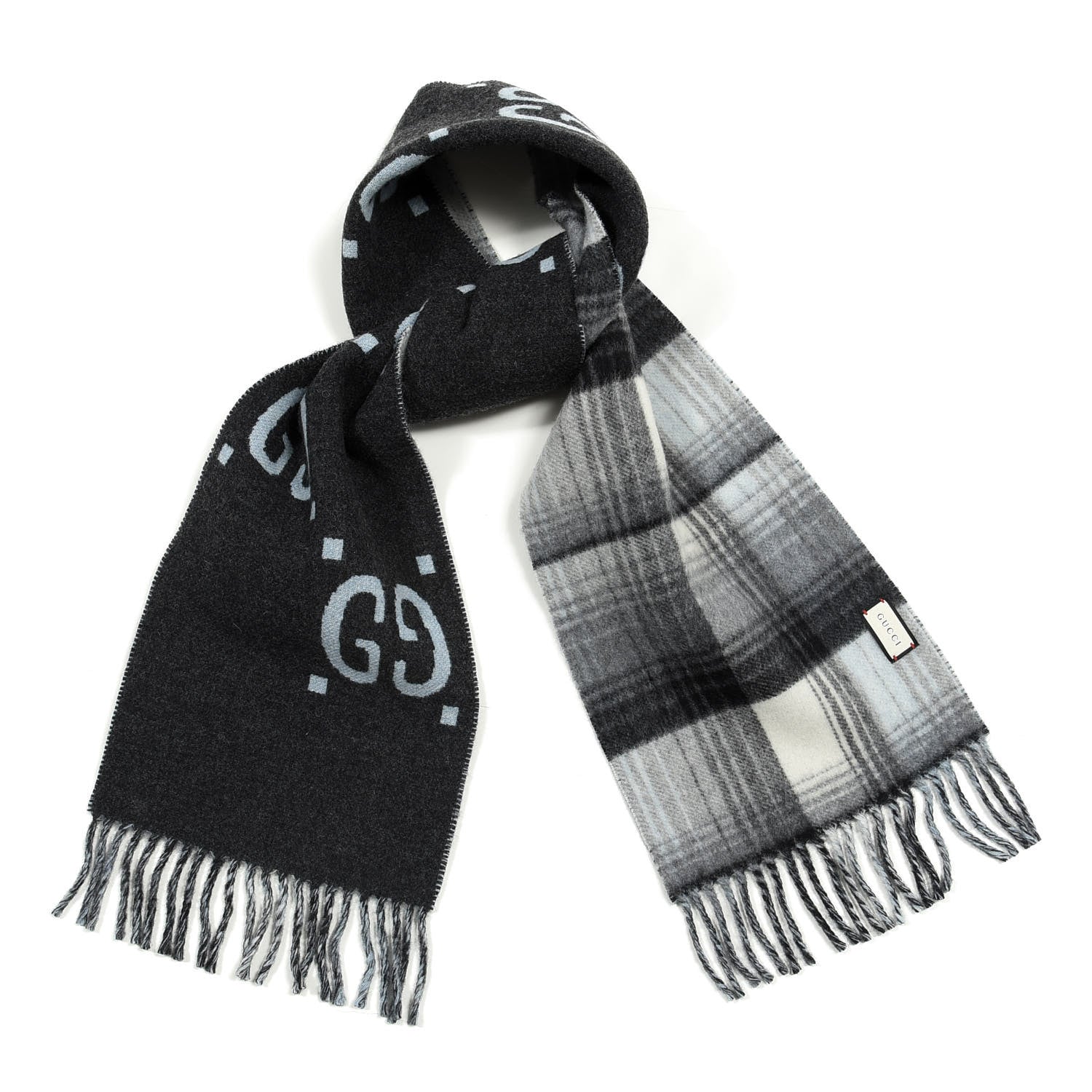 Gucci Wool GG Monogram Plaid Tartan Free Scarf Grey 1 of 4