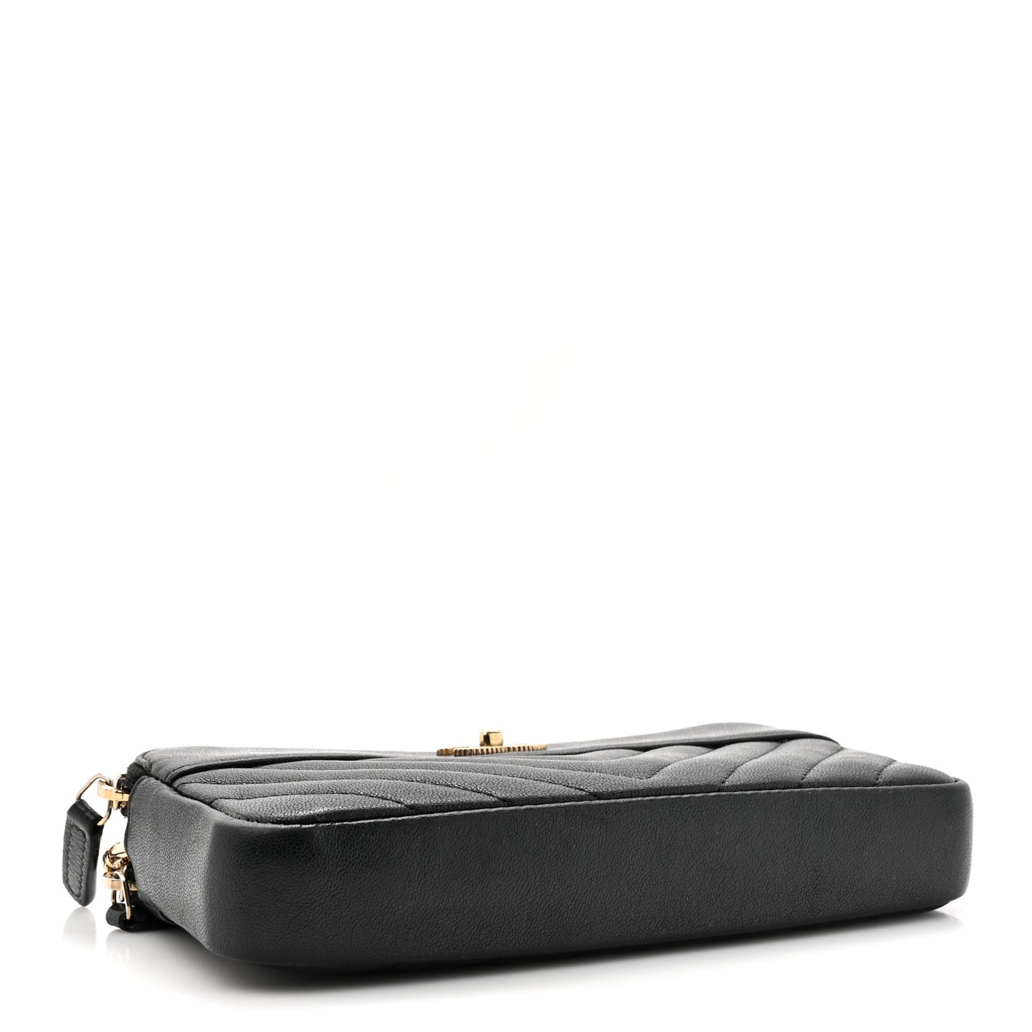 Metallic Sheepskin Chevron Quilted Small Vintage Mademoiselle Clutch With Chain Black