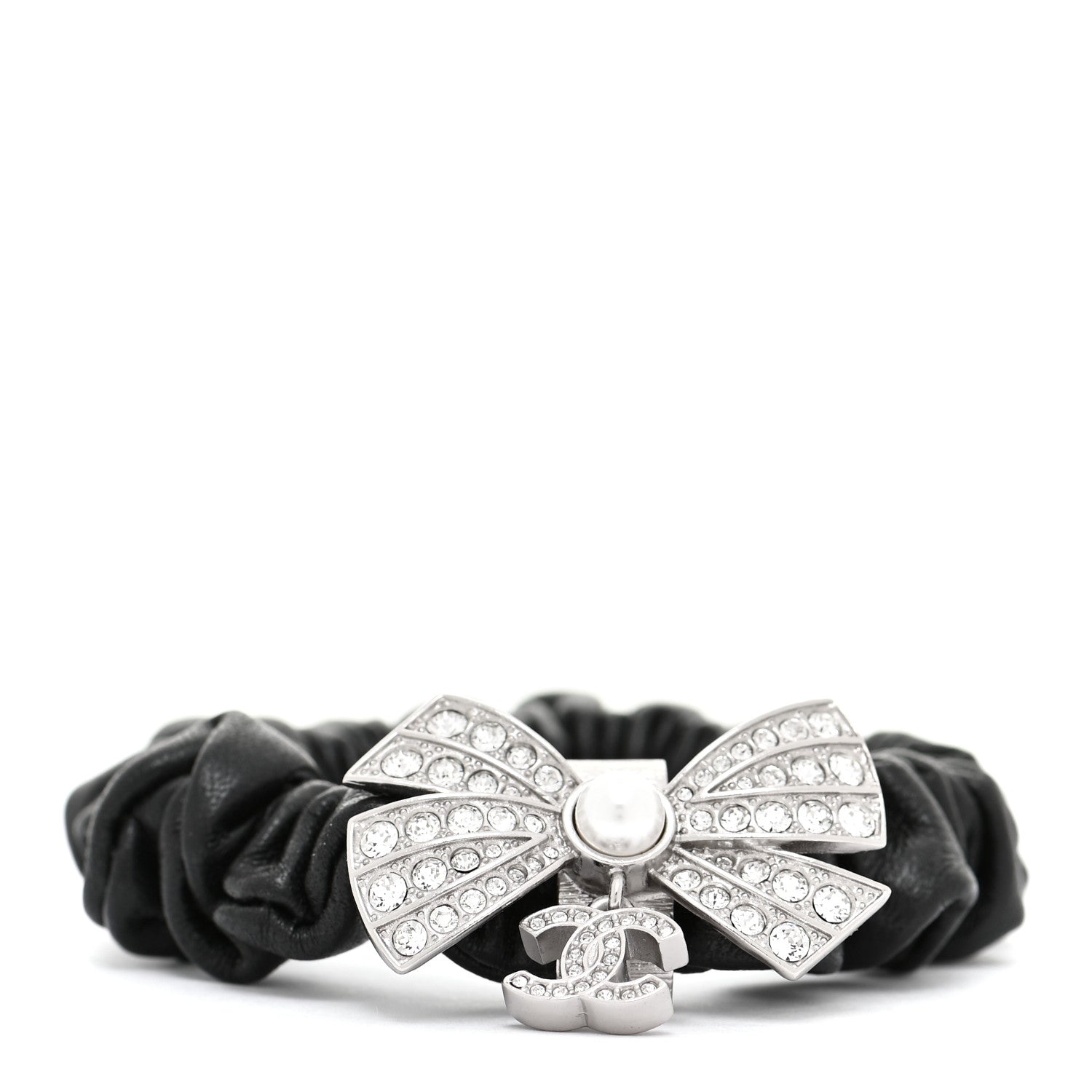 Chanel Lambskin Crystal Pearl CC Hair Scrunchie Black SIlver 1 of 5