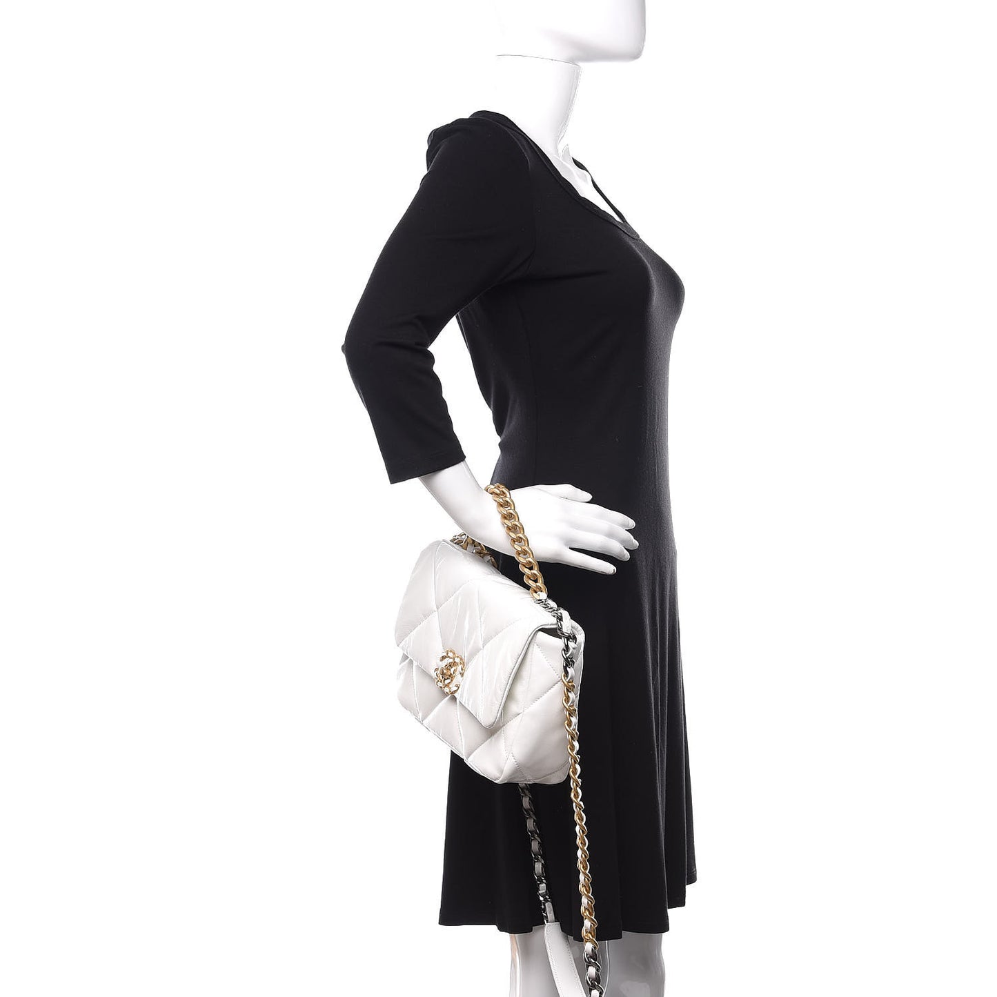 Shiny Crumpled Calfskin Quilted Medium 19 Flap White