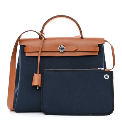 Hermes Toile Officier Vache Hunter Laque Horseshoe Herbag Zip PM 31 Bleu De Malte Natural 1 of 14