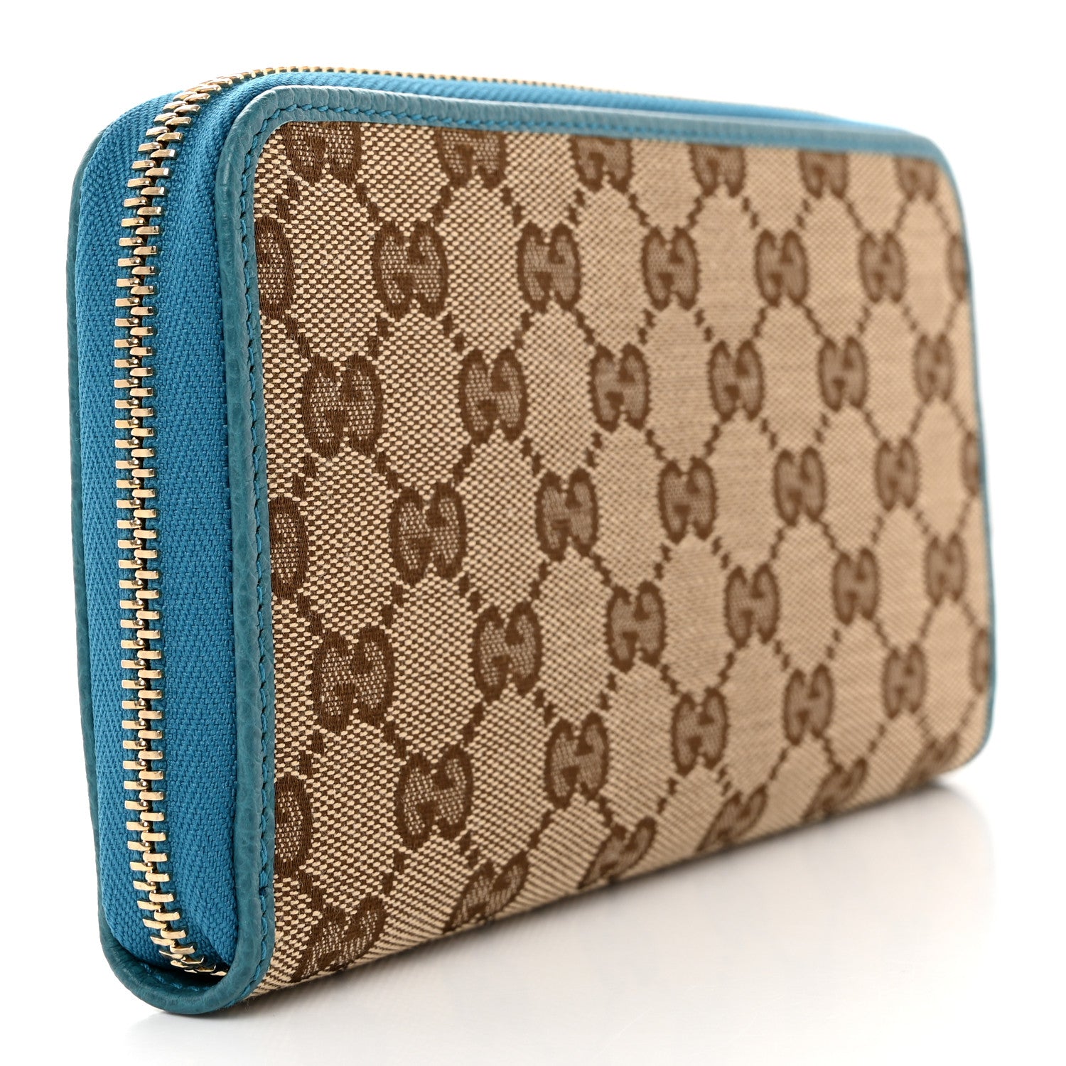 Gucci Monogram Dollar Calfskin Zip Around Wallet Beige Ebony Mineral Blue 3 of 7