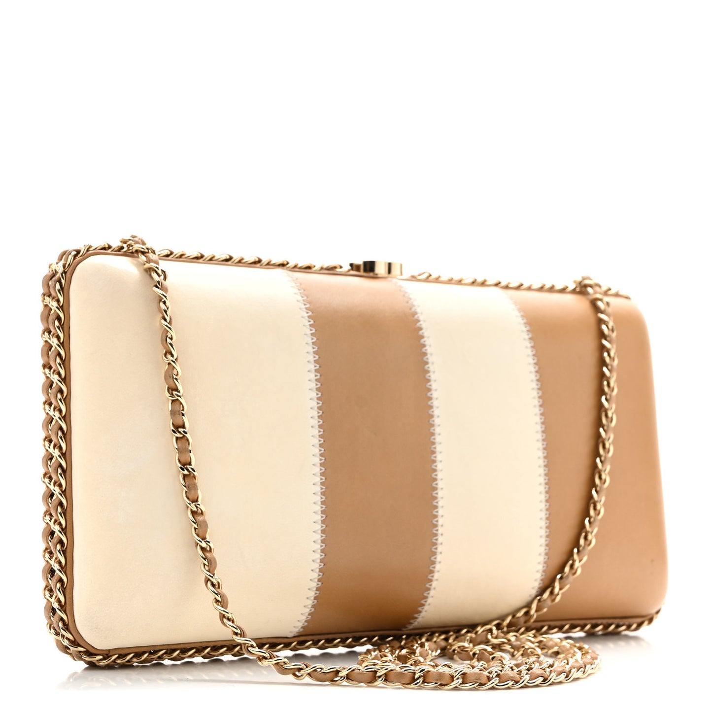 Lambskin CC Stitch Chain Around Clutch  Beige White