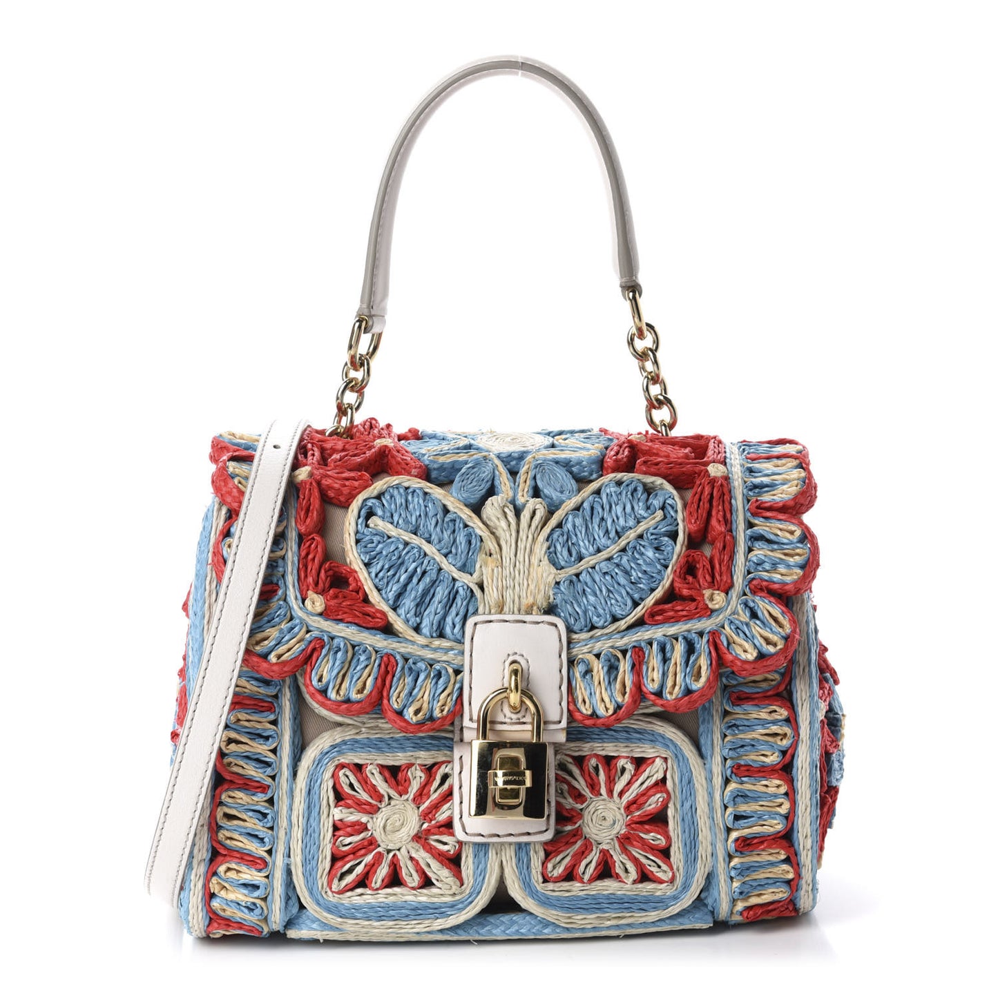 Raffia Crochet Embroidered Padlock Flap Satchel Multicolor