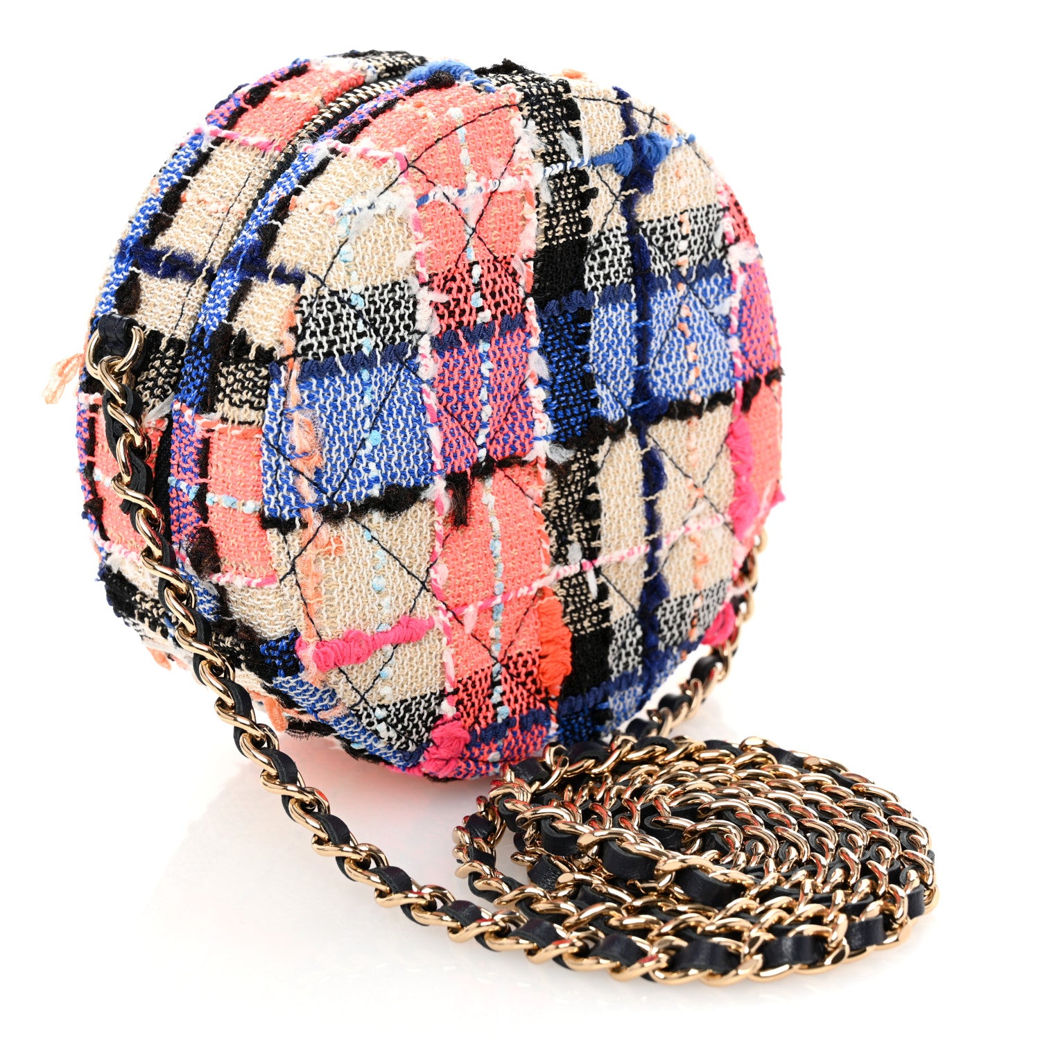 Chanel Tweed Quilted Round Clutch With Chain Blue Orange Multicolor 3 of 11