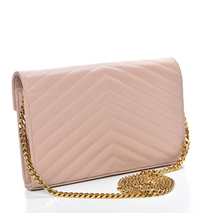 Saint Laurent Grain De Poudre Matelasse Chevron Monogram Chain Wallet Rose Antic 2 of 9