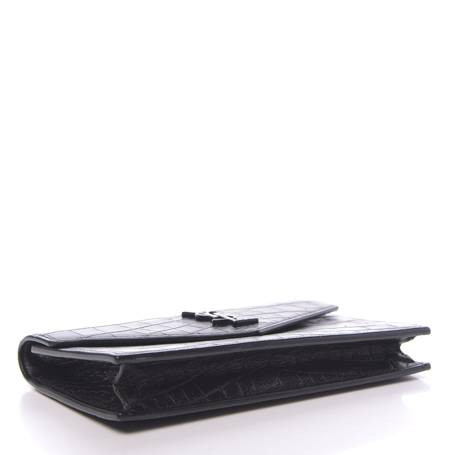 Saint Laurent Calfskin Crocodile Embossed Monogram Envelope Chain Wallet Black 4 of 10