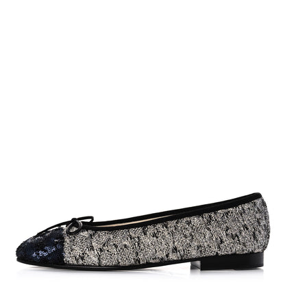 Chanel Tweed Sequin Cap Toe Ballerina Flats 37 Black Blue 1 of 11