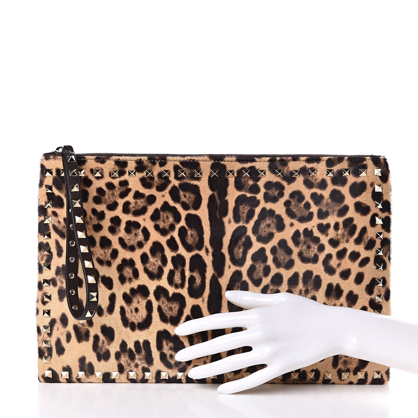 Calf Hair Leopard Print Rockstud Zip Wristlet Pouch Leopard
