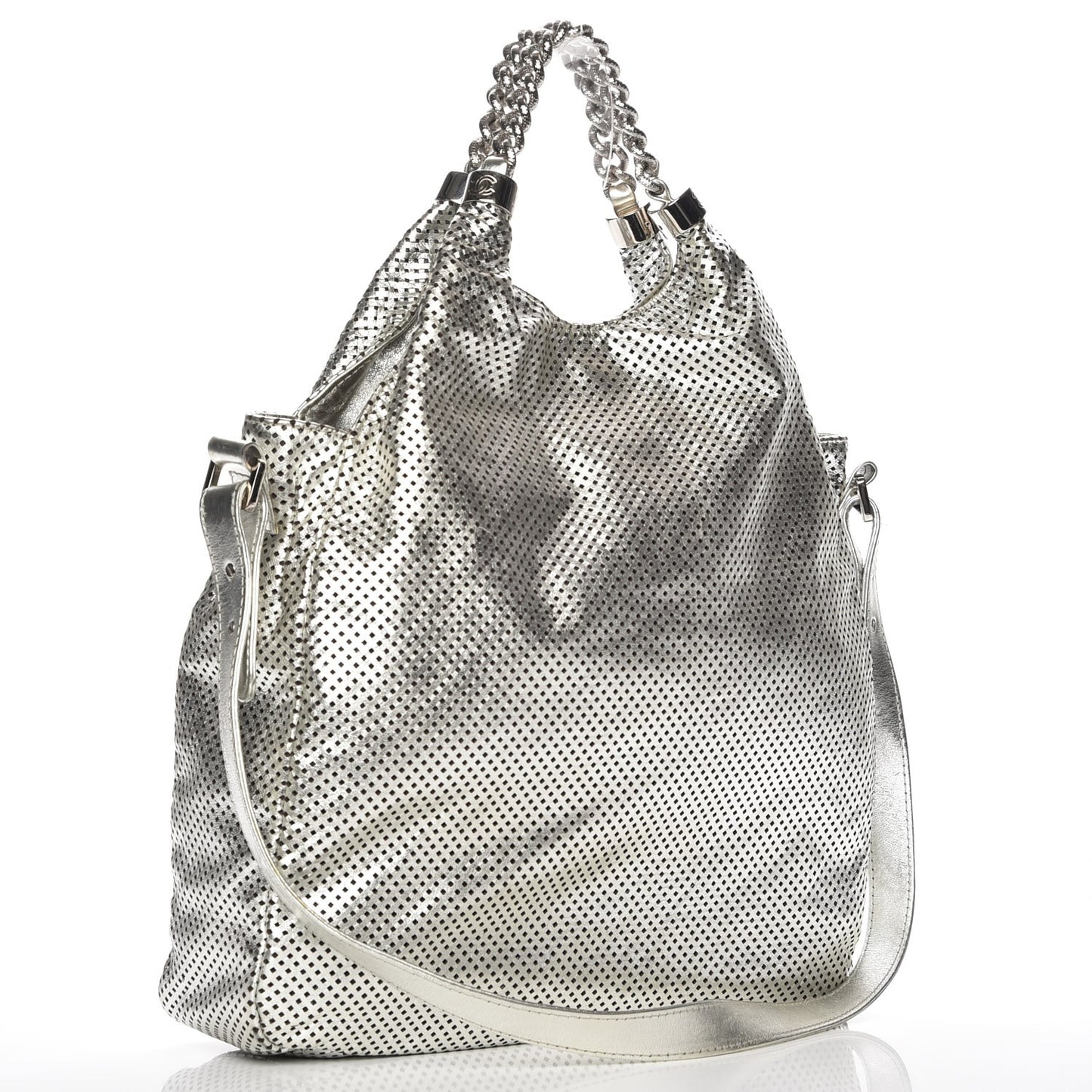 Metallic Glazed Calfskin Perforated Medium Rodeo Drive Tote Silver