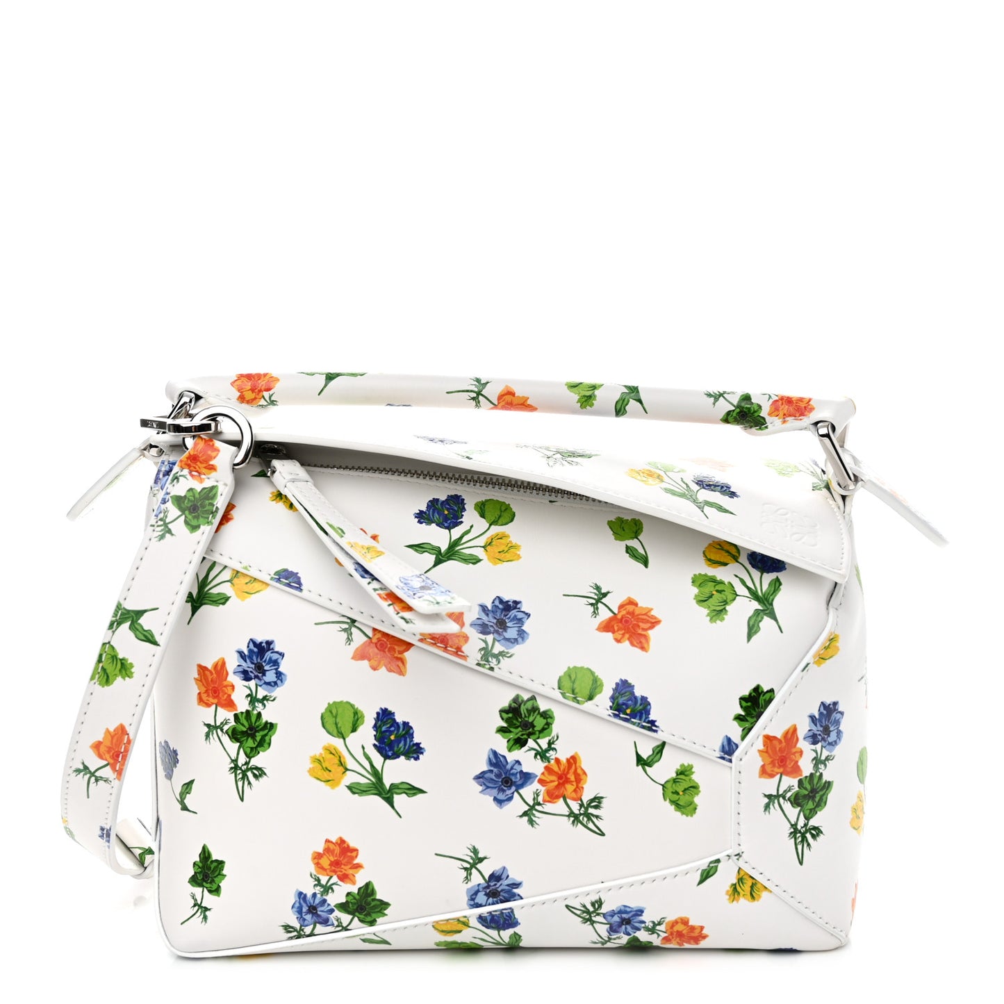 Satin Calfskin Flower Print Small Puzzle Edge Bag White Multicolor