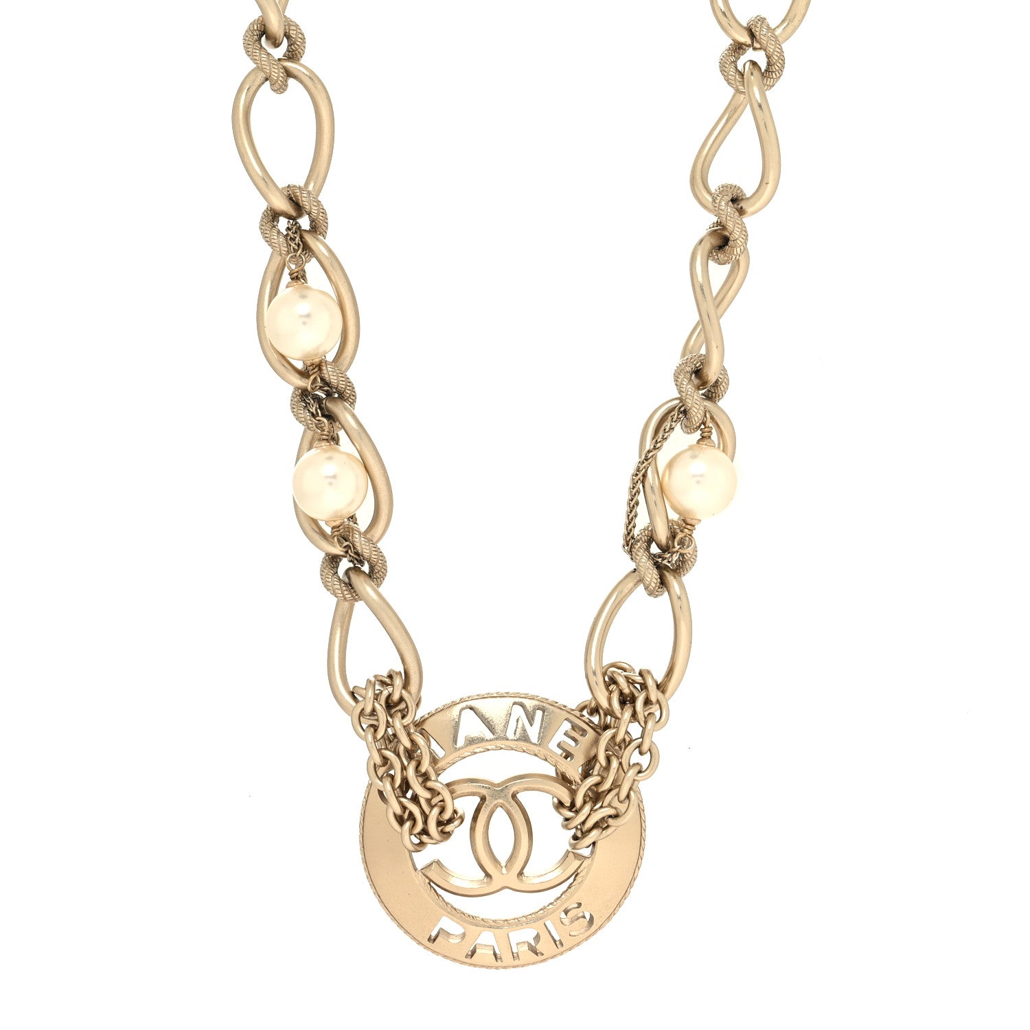 Chanel Metal Pearl Chain CC Paris Pendant Necklace Gold 1 of 5