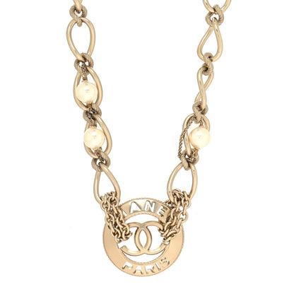 Chanel Metal Pearl Chain CC Paris Pendant Necklace Gold 1 of 5