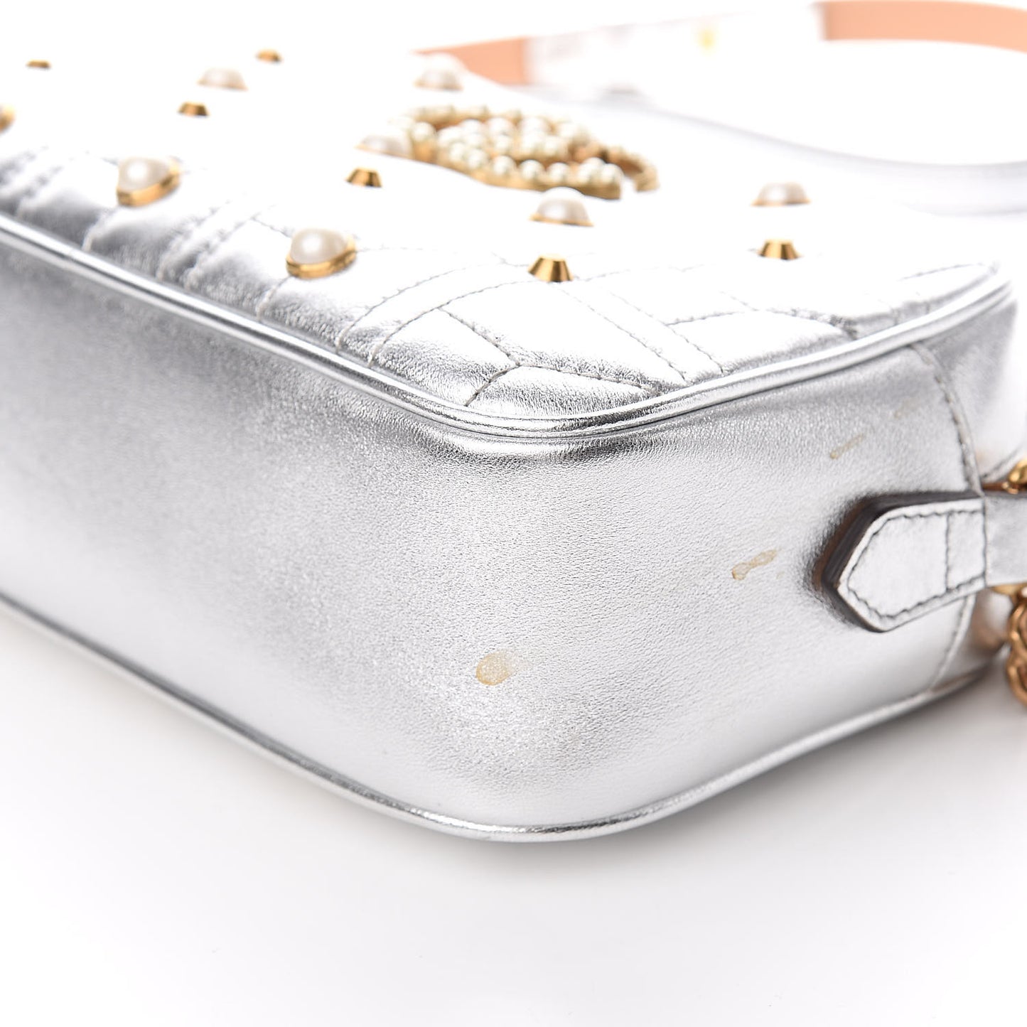 Metallic Calfskin Matelasse Studded Small Pearly GG Marmont Chain Shoulder Bag Silver
