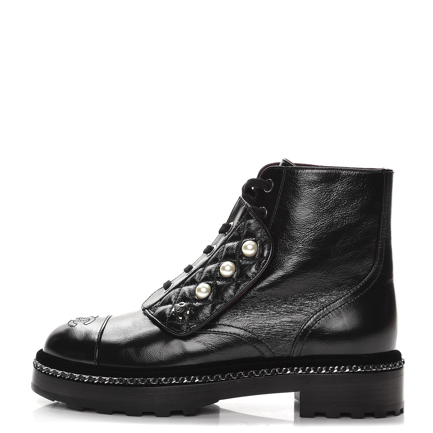 Crackled Calfskin Velvet Pearl Combat Short Boots 37.5 Black