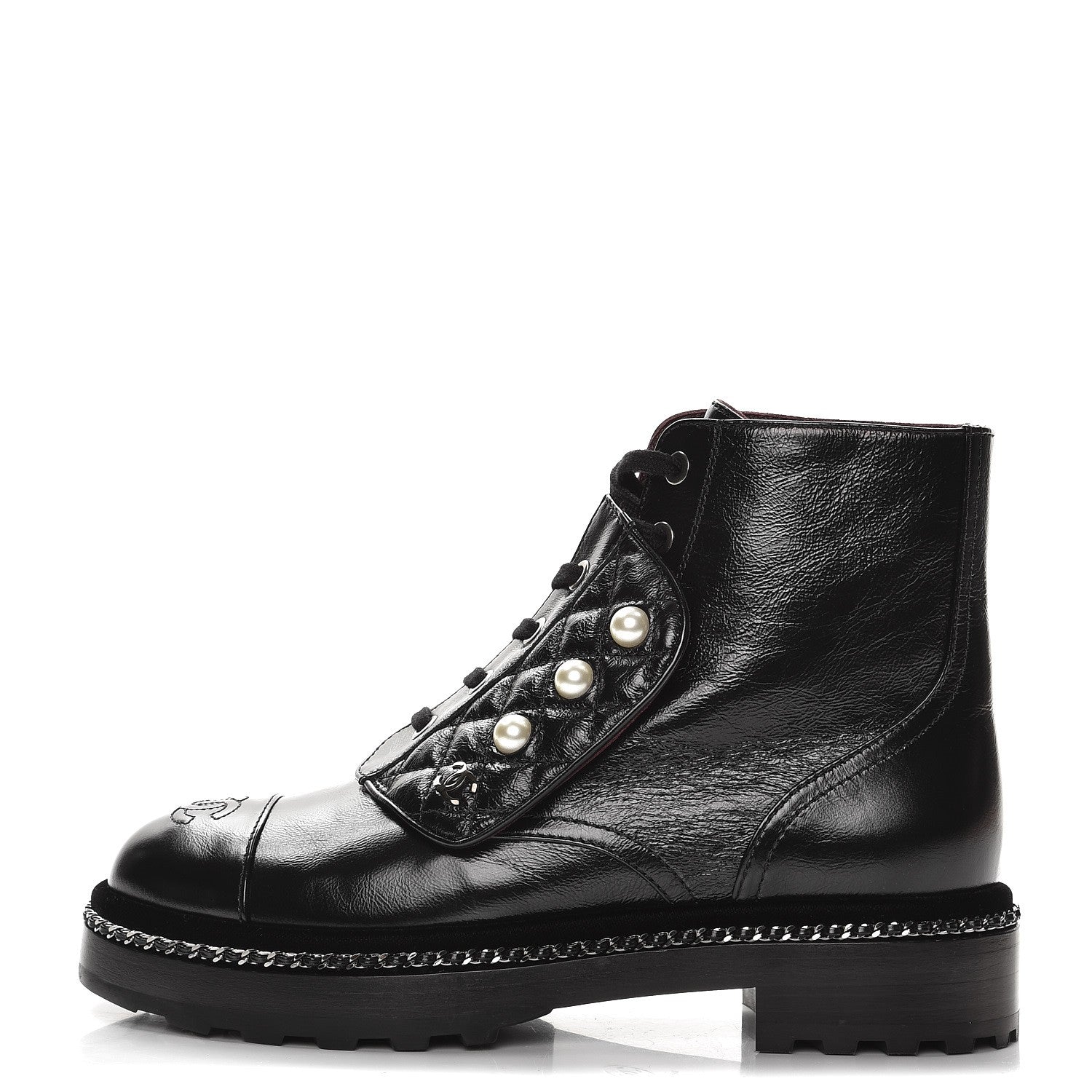 Chanel Crackled Calfskin Velvet Pearl Combat Short Boots 37.5 Black 1 of 8