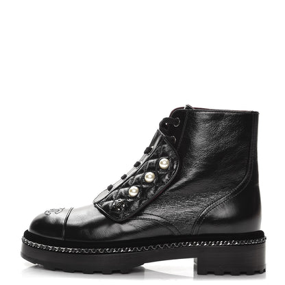 Chanel Crackled Calfskin Velvet Pearl Combat Short Boots 37.5 Black 1 of 8
