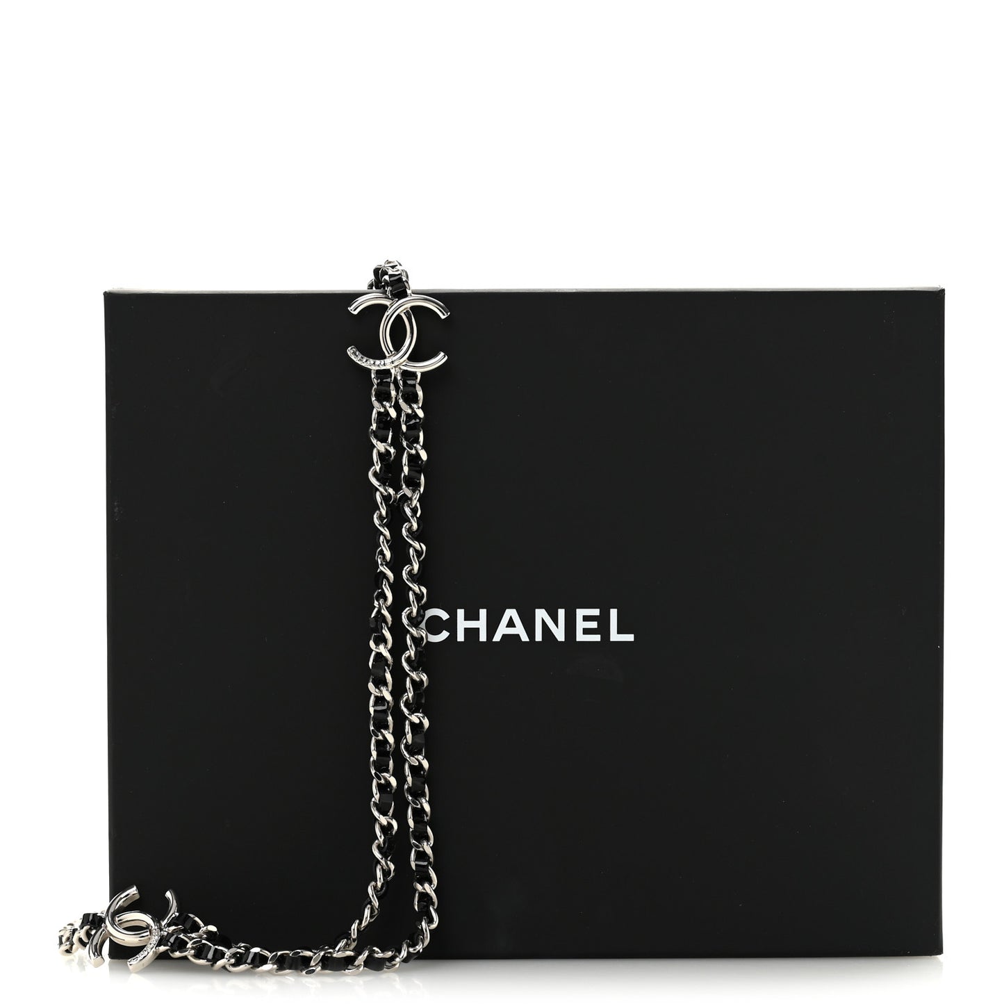 Metal Patent CC Double Chain Necklace Black Silver