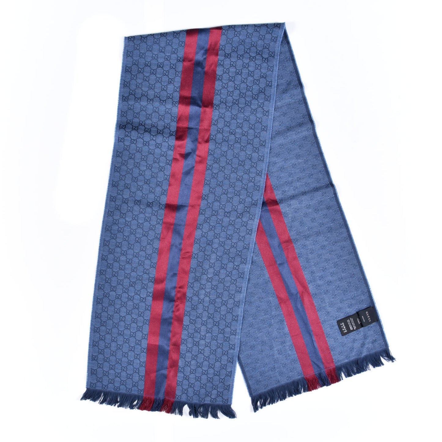 Wool Silk GG Monogram Web Verbier Fringe Scarf Sapphire Bordeaux