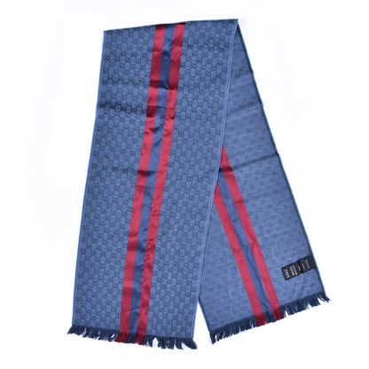 Gucci Wool Silk GG Monogram Web Verbier Fringe Scarf Sapphire Bordeaux 2 of 3