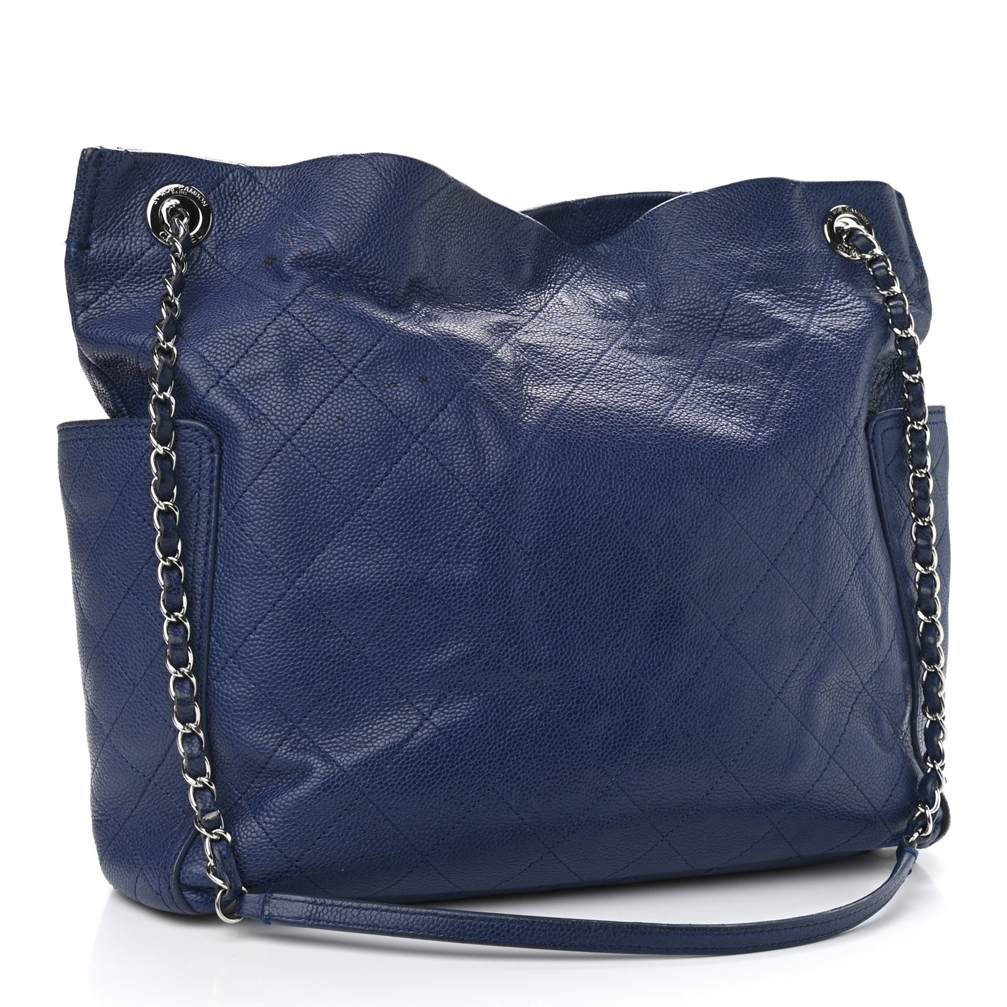 Grained Calfskin Stitched CC Pocket Tote Navy Blue