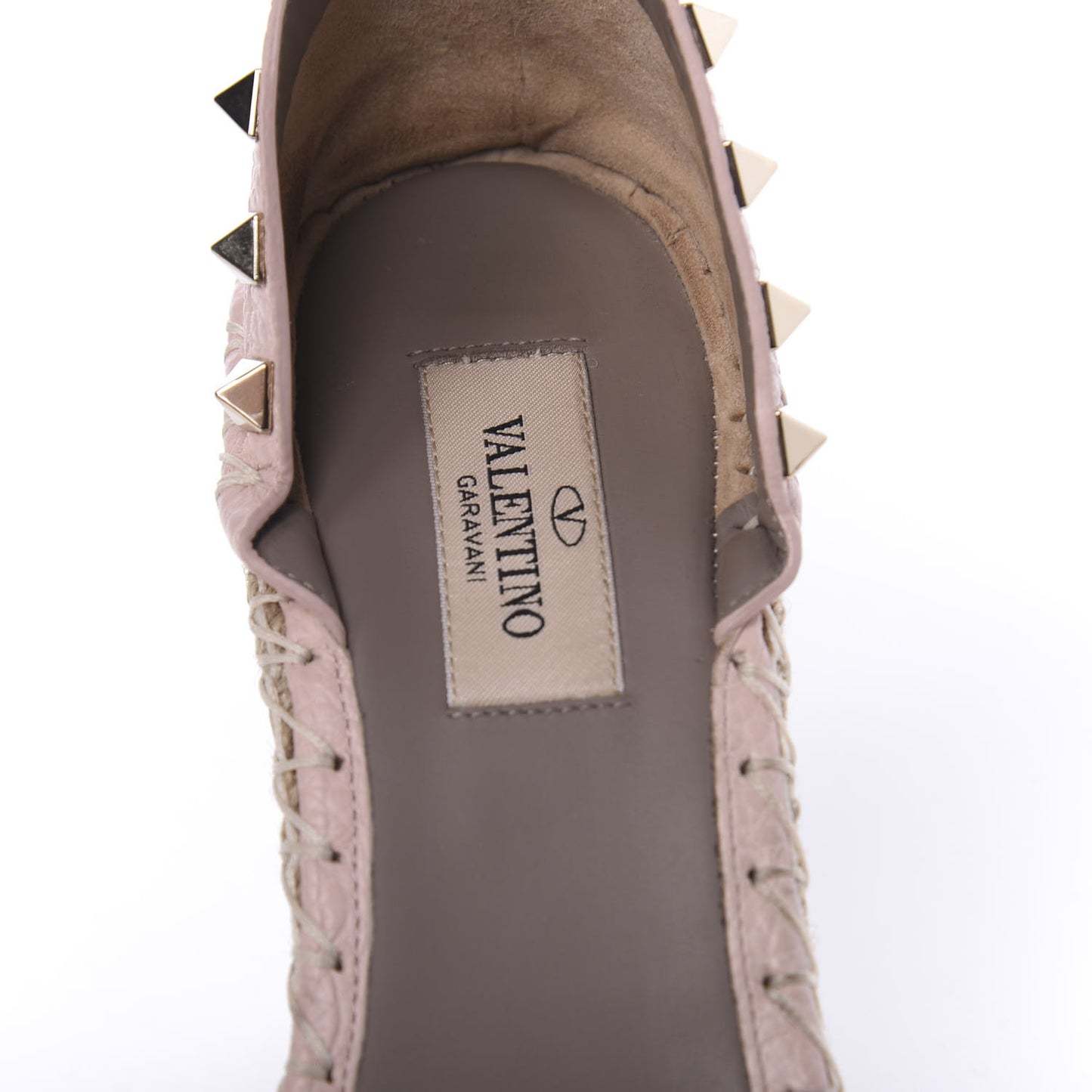Grained Calfskin Rockstud Ankle Strap Espadrille 15/105mm Wedge Sandals 37 Rose Quartz Natural