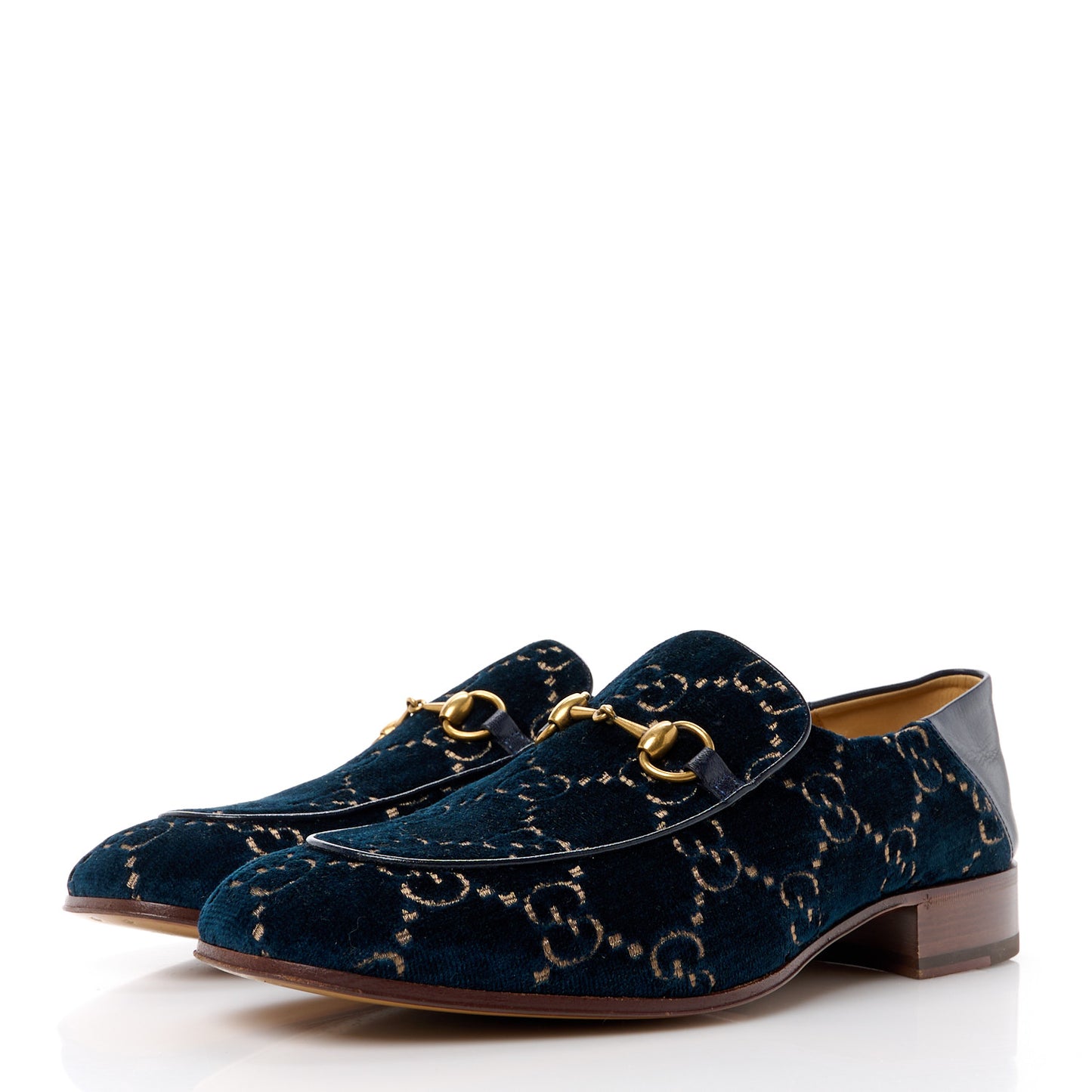 Velvet GG Monogram Goatskin Mens Horsebit Loafers 12 Blue Beige