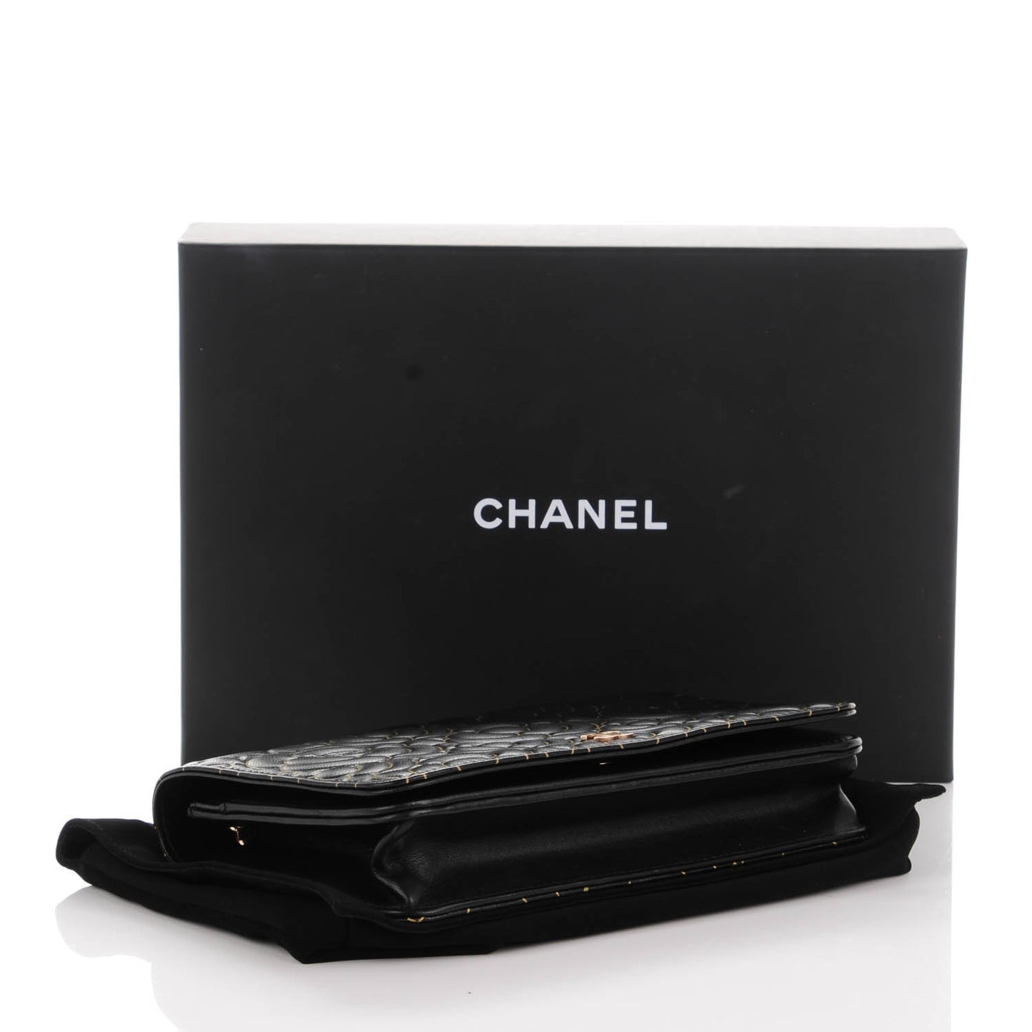 Lambskin Camellia Embossed Wallet On Chain WOC Black Gold
