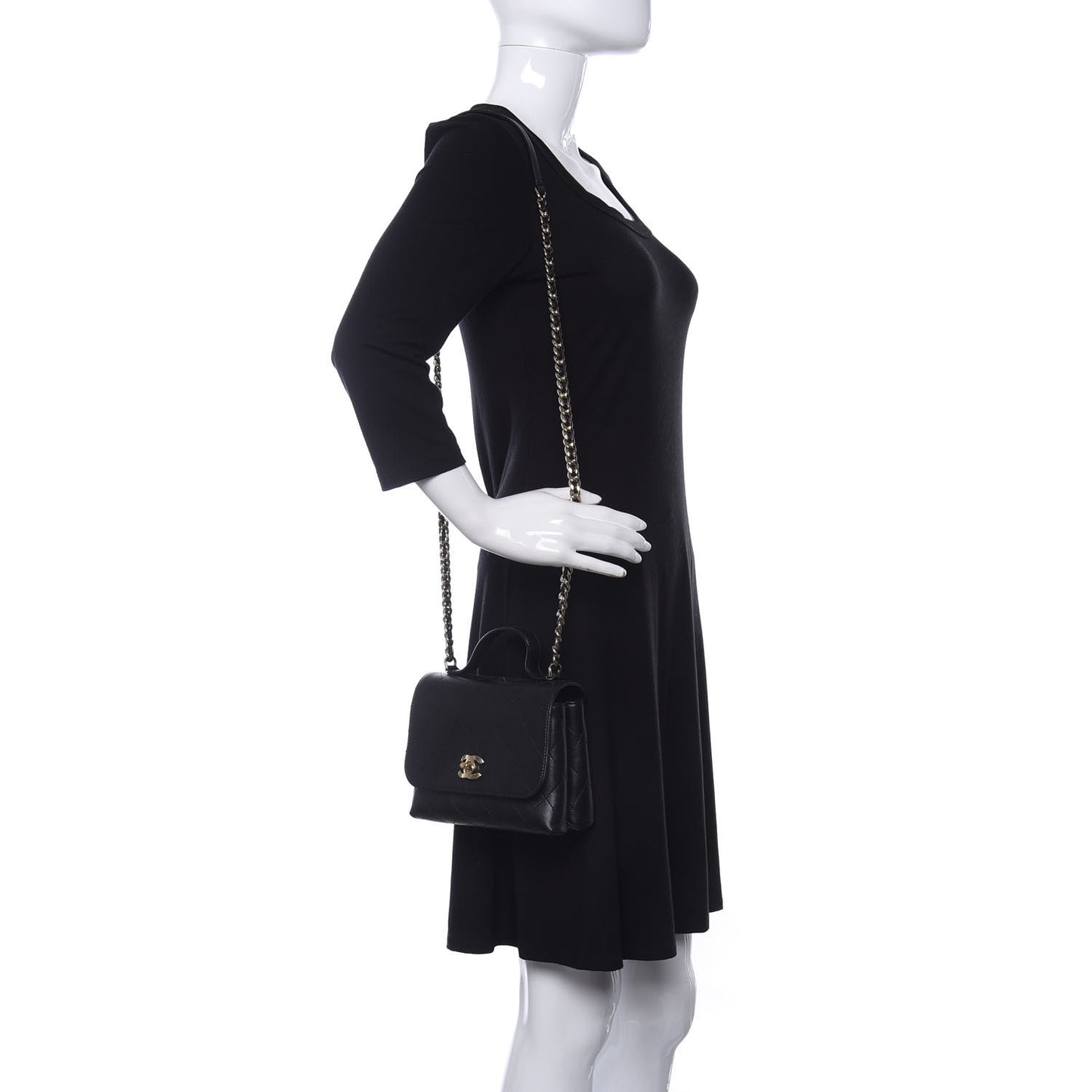 Calfskin Quilted Small Double Pocket Top Handle Flap Black