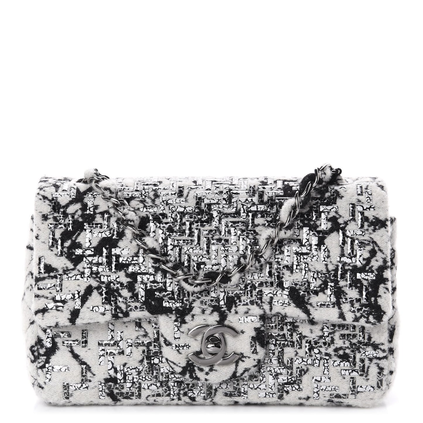 Tweed Patent Woven Mini Rectangular Flap Ecru Black