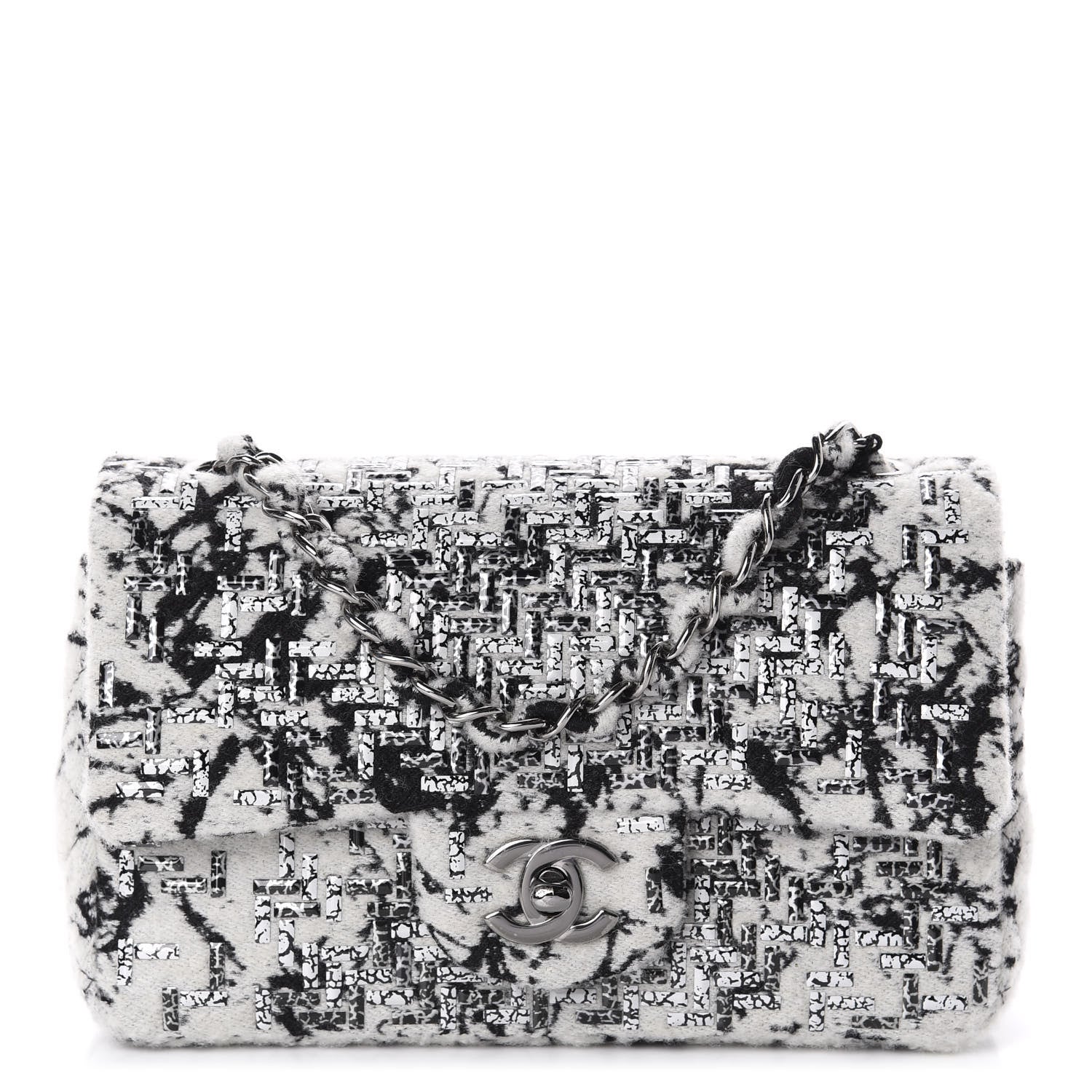 Chanel Tweed Patent Woven Mini Rectangular Flap Ecru Black 1 of 10