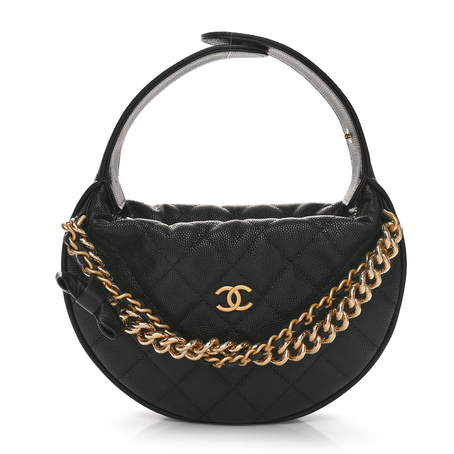 Shiny Caviar Quilted Bow Pouch Hobo Black