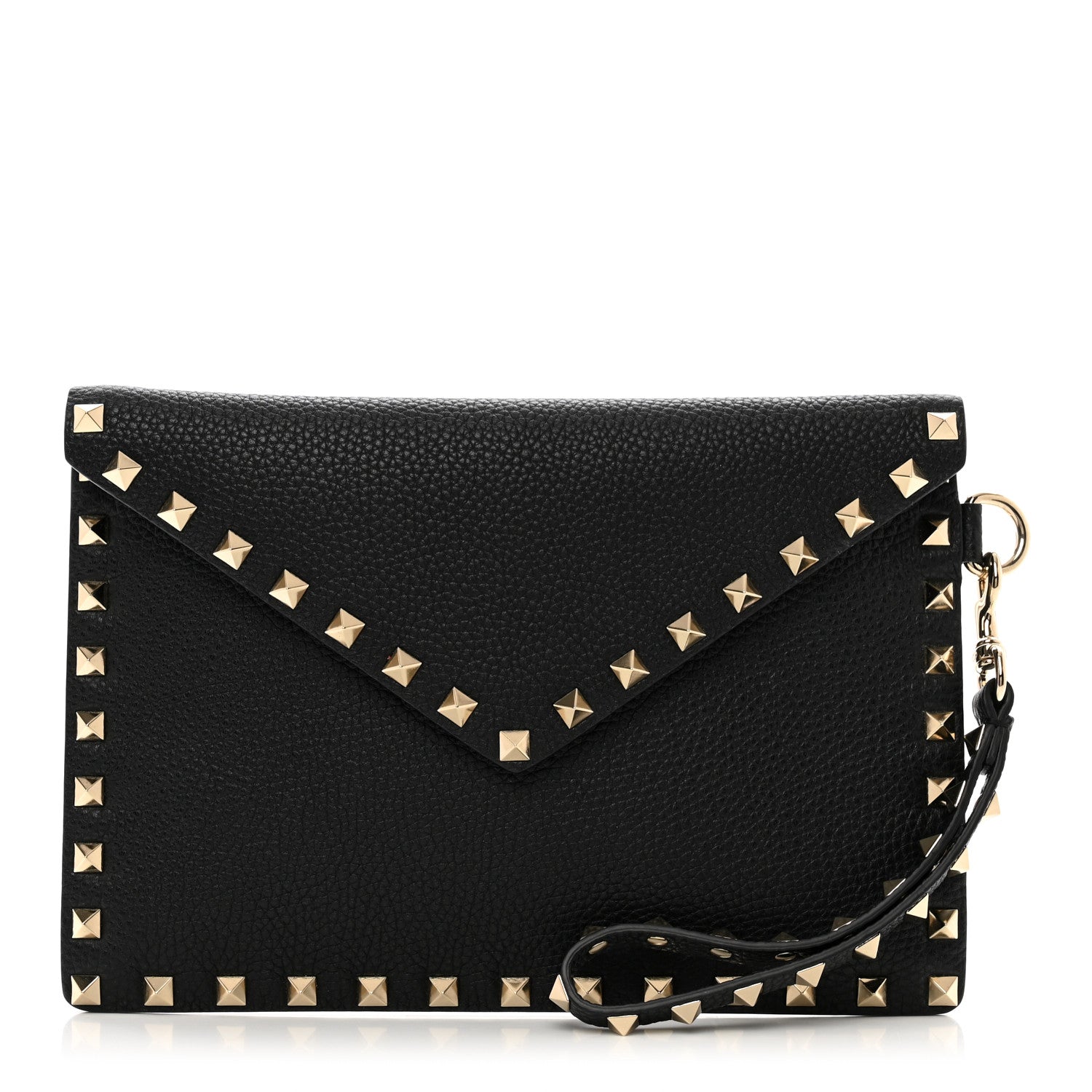 Valentino Garavani Pebbled Calfskin Medium Rockstud Envelope Flat Wristlet Pouch Black 1 of 8