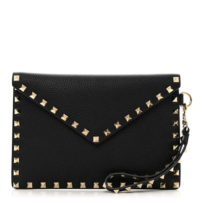 Valentino Garavani Pebbled Calfskin Medium Rockstud Envelope Flat Wristlet Pouch Black 1 of 8