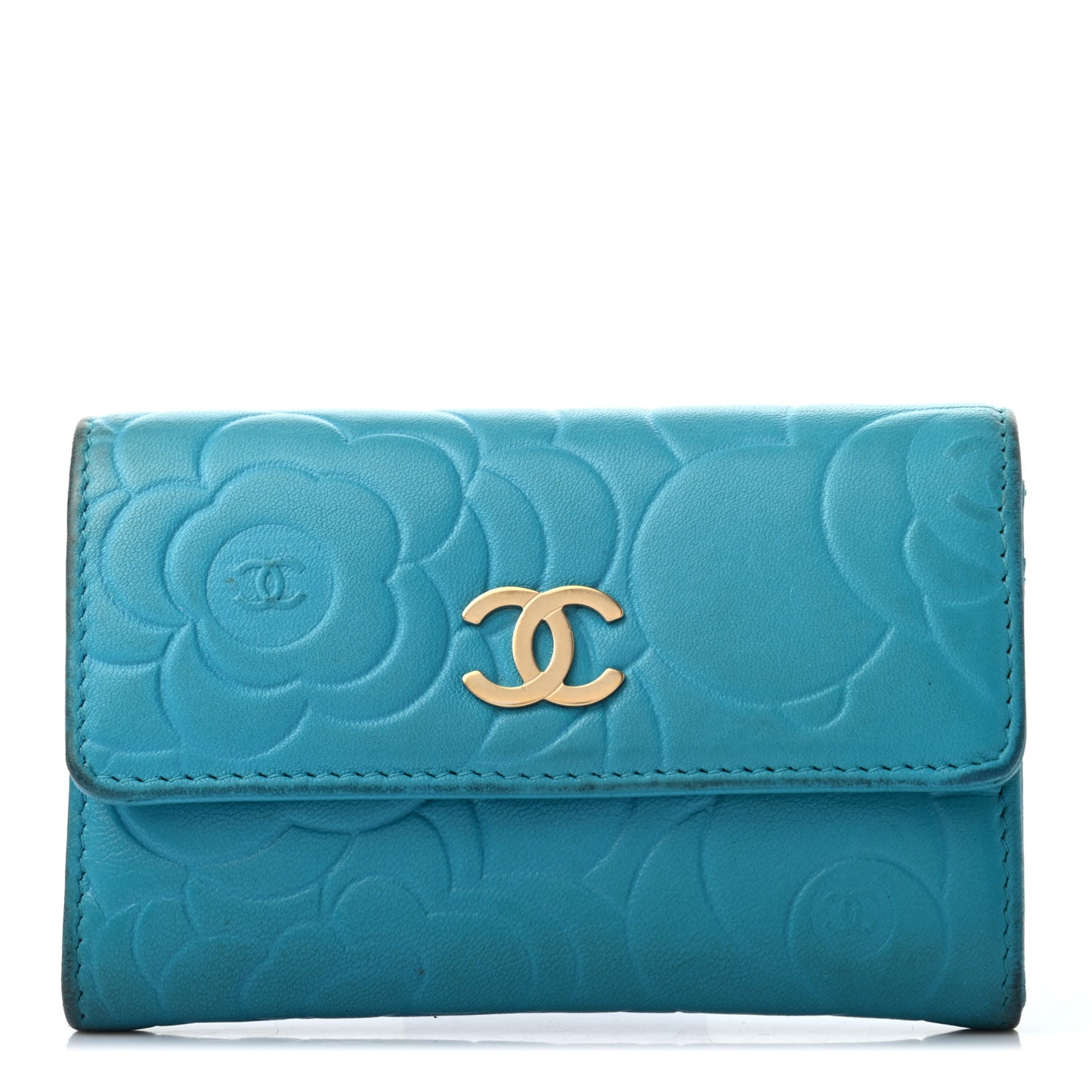 Lambskin Camellia Embossed Flap Card Holder Blue