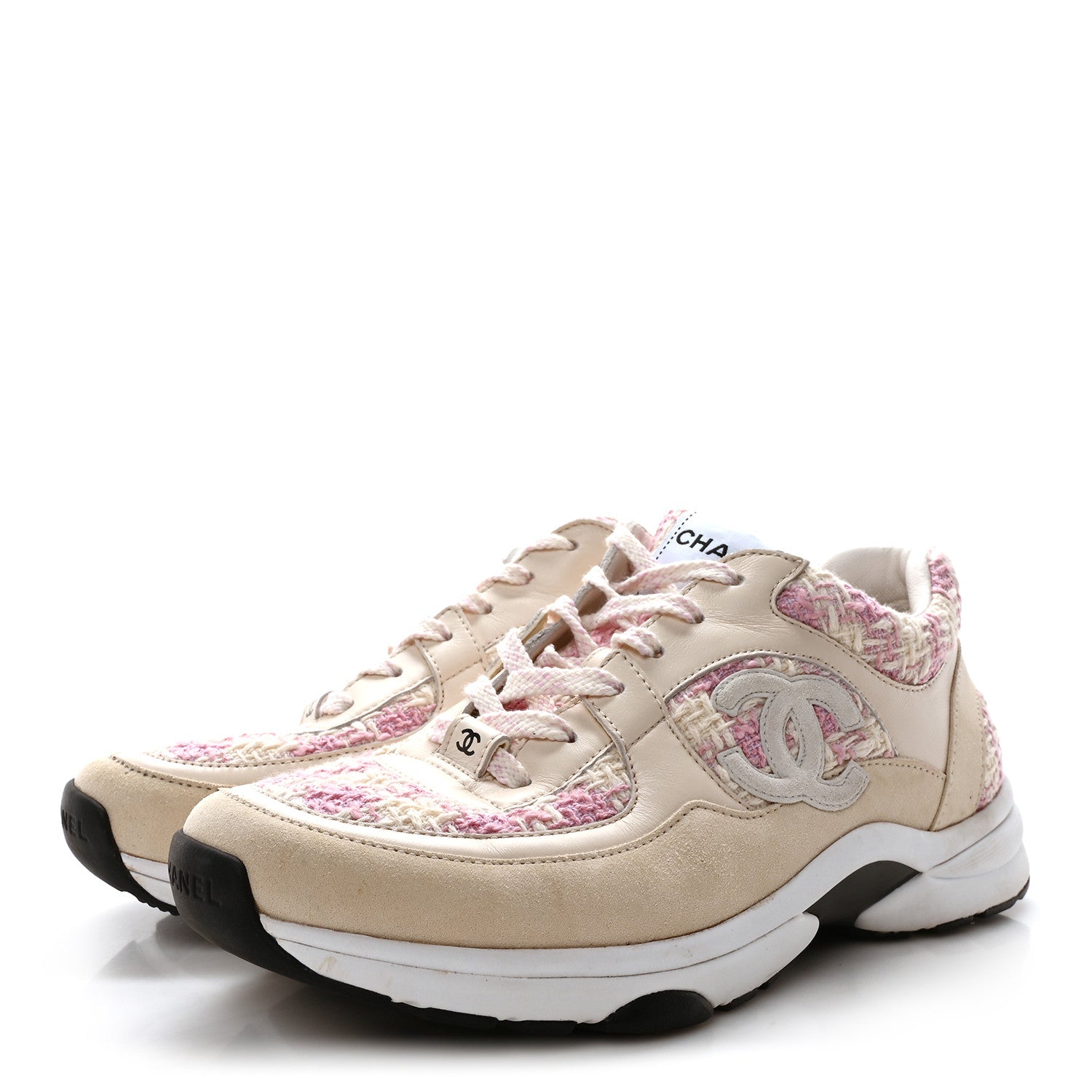 Chanel Tweed Suede Calfskin Womens CC Sneakers 39 Pink Ecru 4 of 8