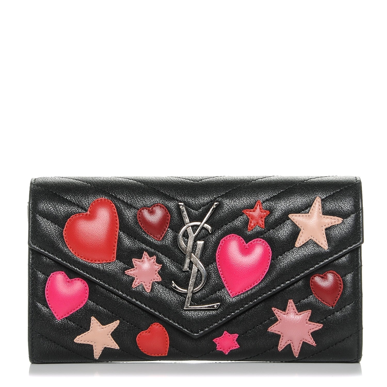 Saint Laurent Calfskin Matelasse Chevron Heart Patchwork Monogram Wallet Black 1 of 7