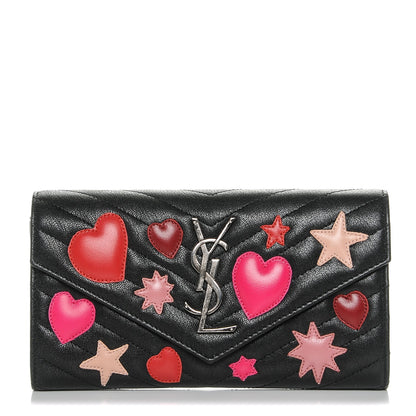 Saint Laurent Calfskin Matelasse Chevron Heart Patchwork Monogram Wallet Black 1 of 7