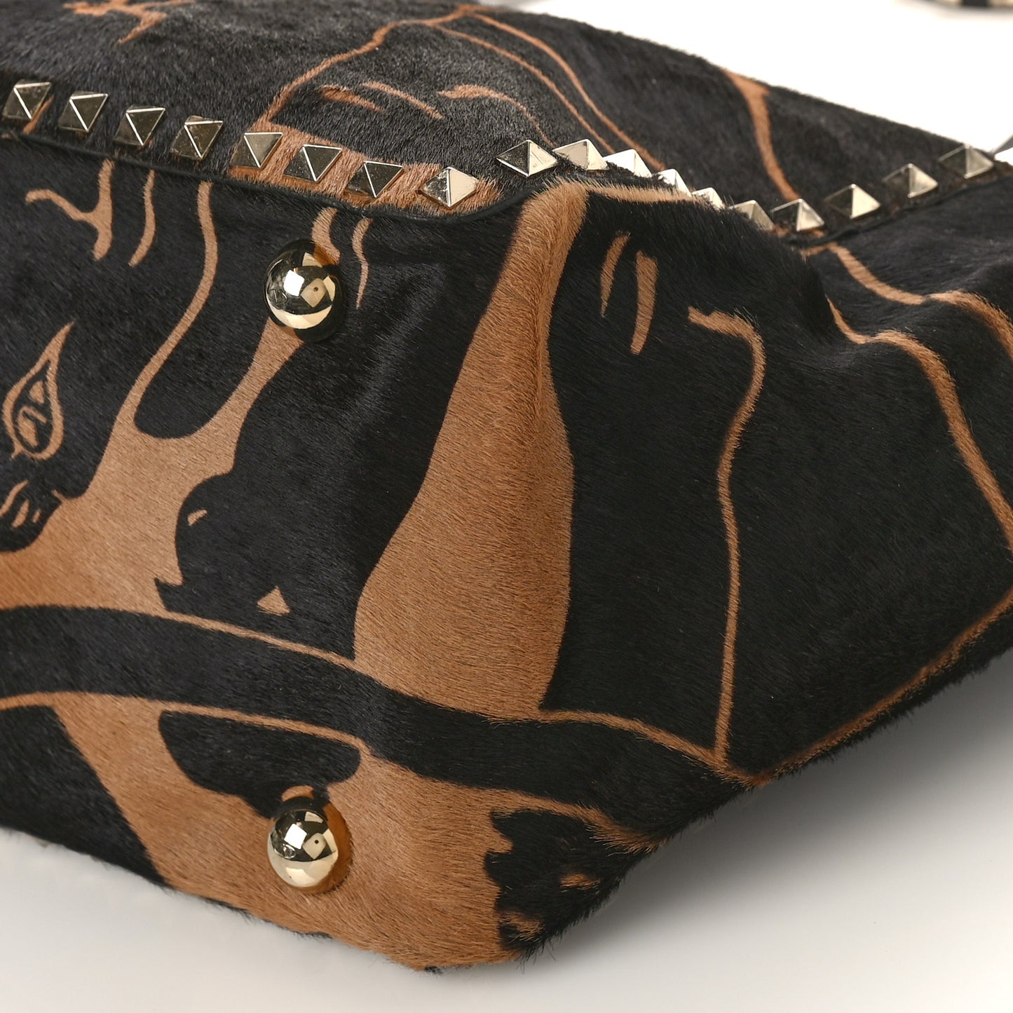 Calf Hair Jaguar Print Medium Rockstud Tote Beige Black